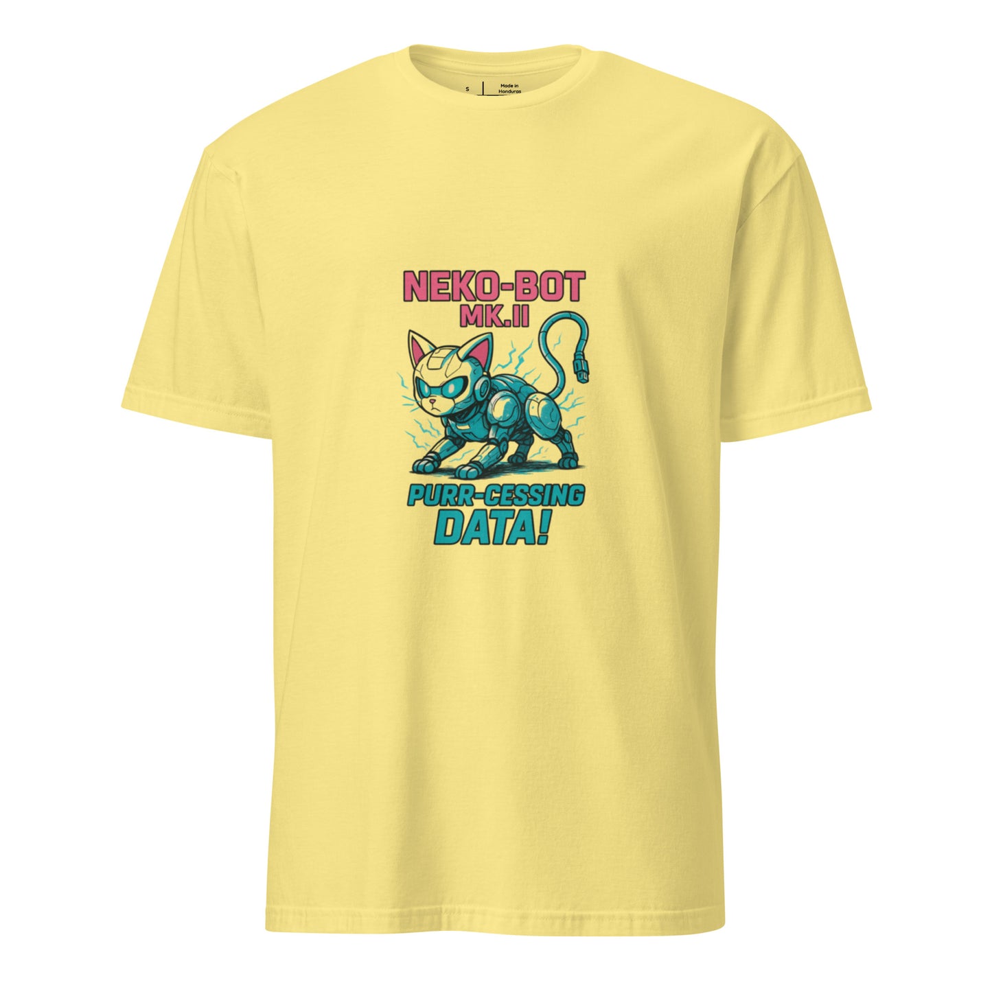 Neko-Bot Mk. II – “Purr-cessing Data…” - Short-Sleeve Unisex T-Shirt - Graphic Tee - Cornsilk - Front