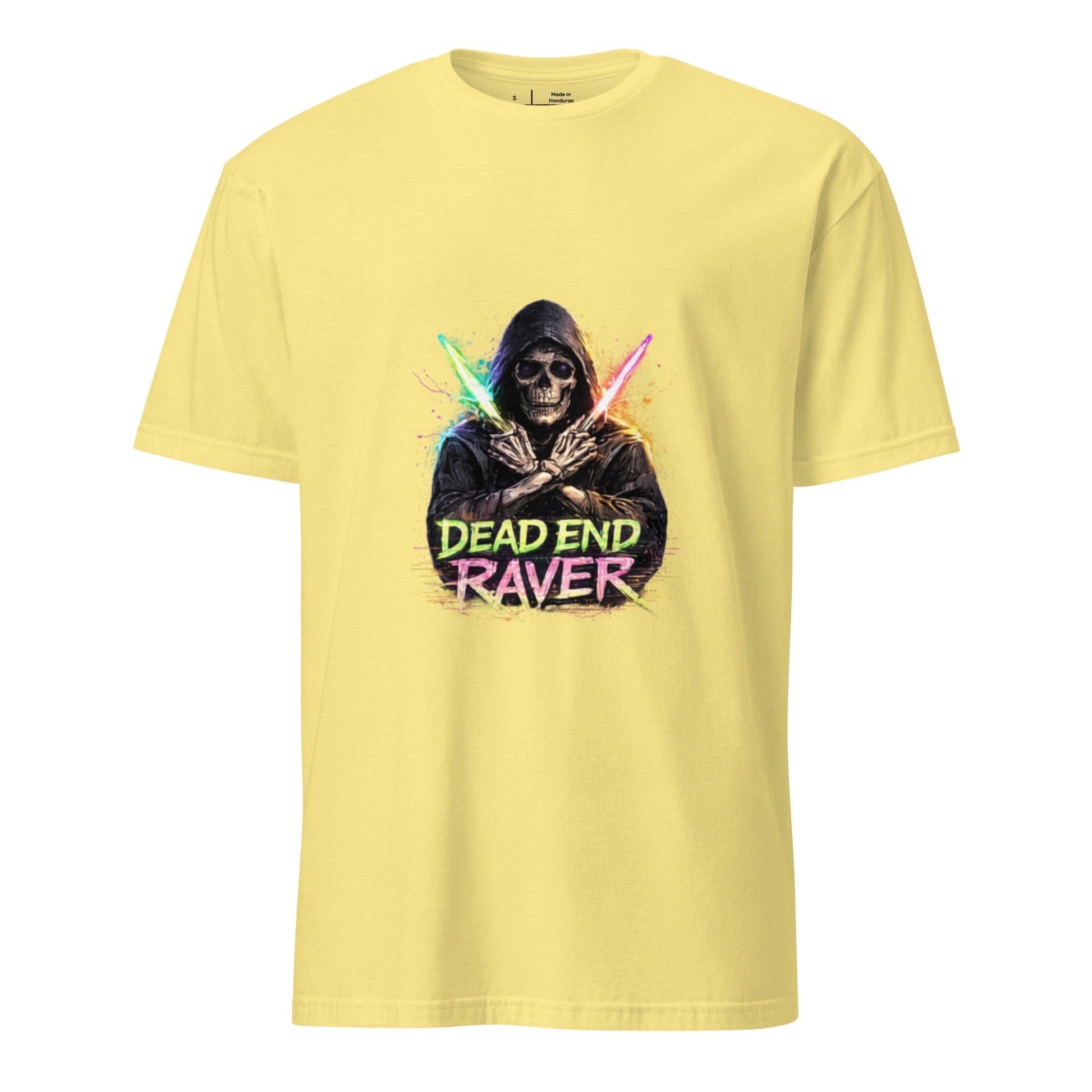 Dead End Raver – Neon Skull Rave - Short-Sleeve Unisex T-Shirt- Graphic Tee - Cornsilk - Front