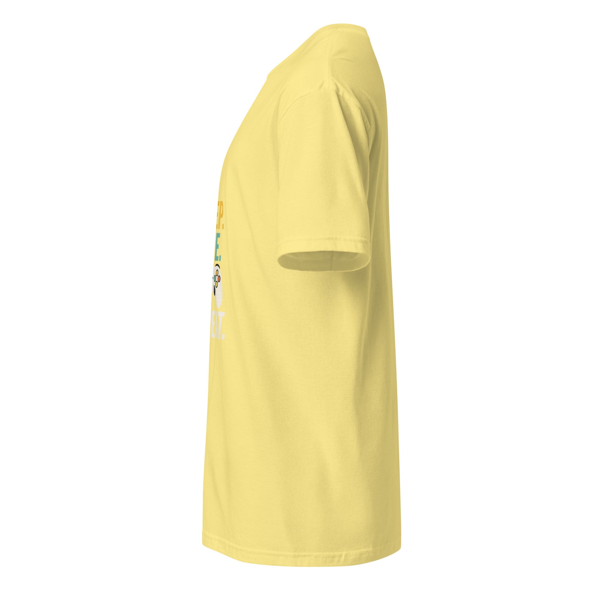 "Eat. Sleep. Game. Repeat." Retro Gamer - Short-Sleeve Unisex T-Shirt - Graphic Tee - Cornsilk - Left side
