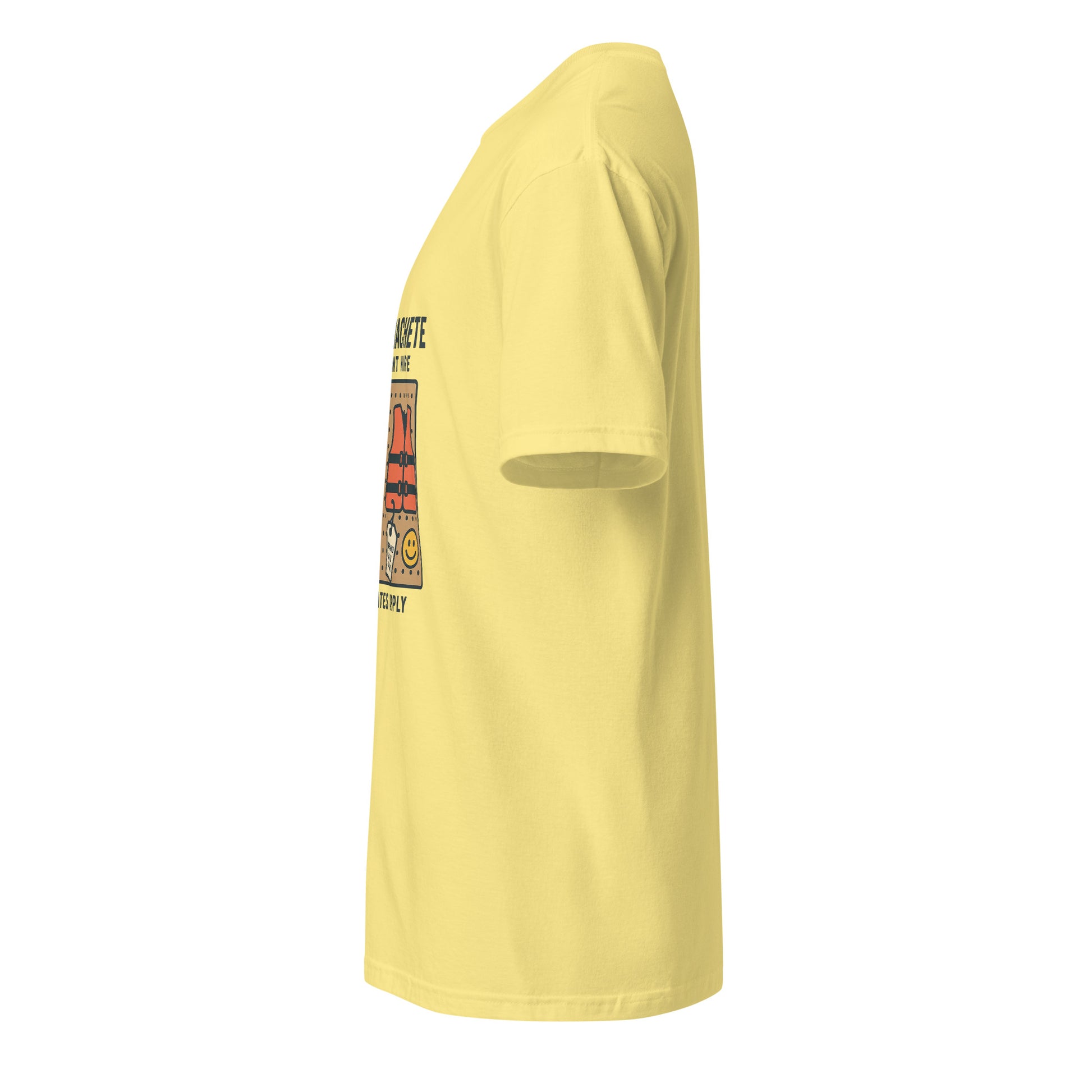 Mask & Machete Equipment Hire – For All Your Slasher Needs - Short-Sleeve Unisex T-Shirt - Graphic Tee - Cornsilk - Left side