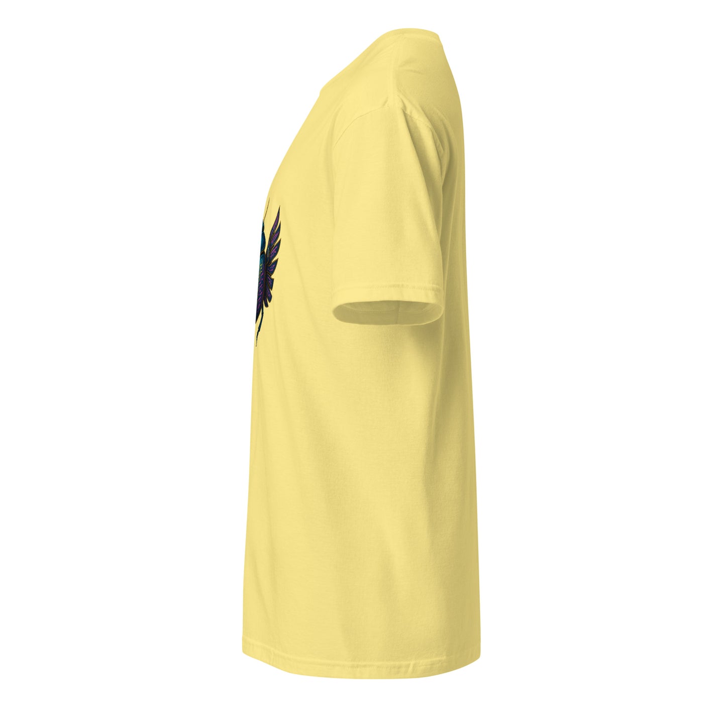Mecha Scarab Beetle – Neon Tech Guardian - Short-Sleeve Unisex T-Shirt - Graphic Tee - Cornsilk - Left side