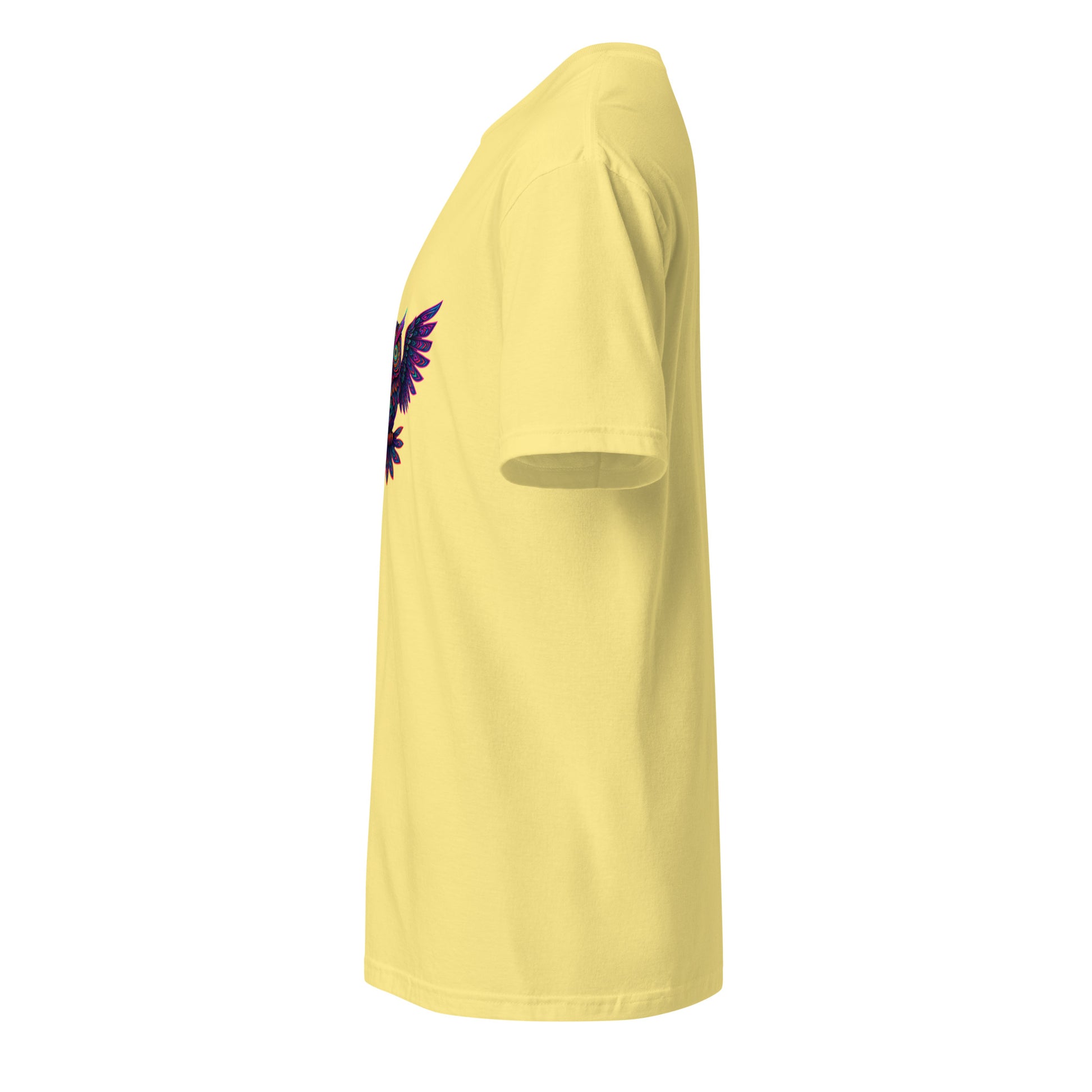 Psychedelic Owl – Trippy Neon Vision - Short-Sleeve Unisex T-Shirt - Graphic Tee - Cornsilk - Left side