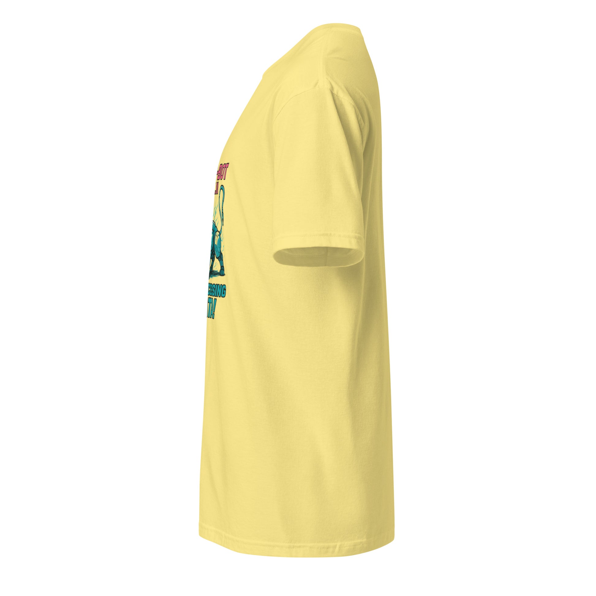 Neko-Bot Mk. II – “Purr-cessing Data…” - Short-Sleeve Unisex T-Shirt - Graphic Tee - Cornsilk - Left side