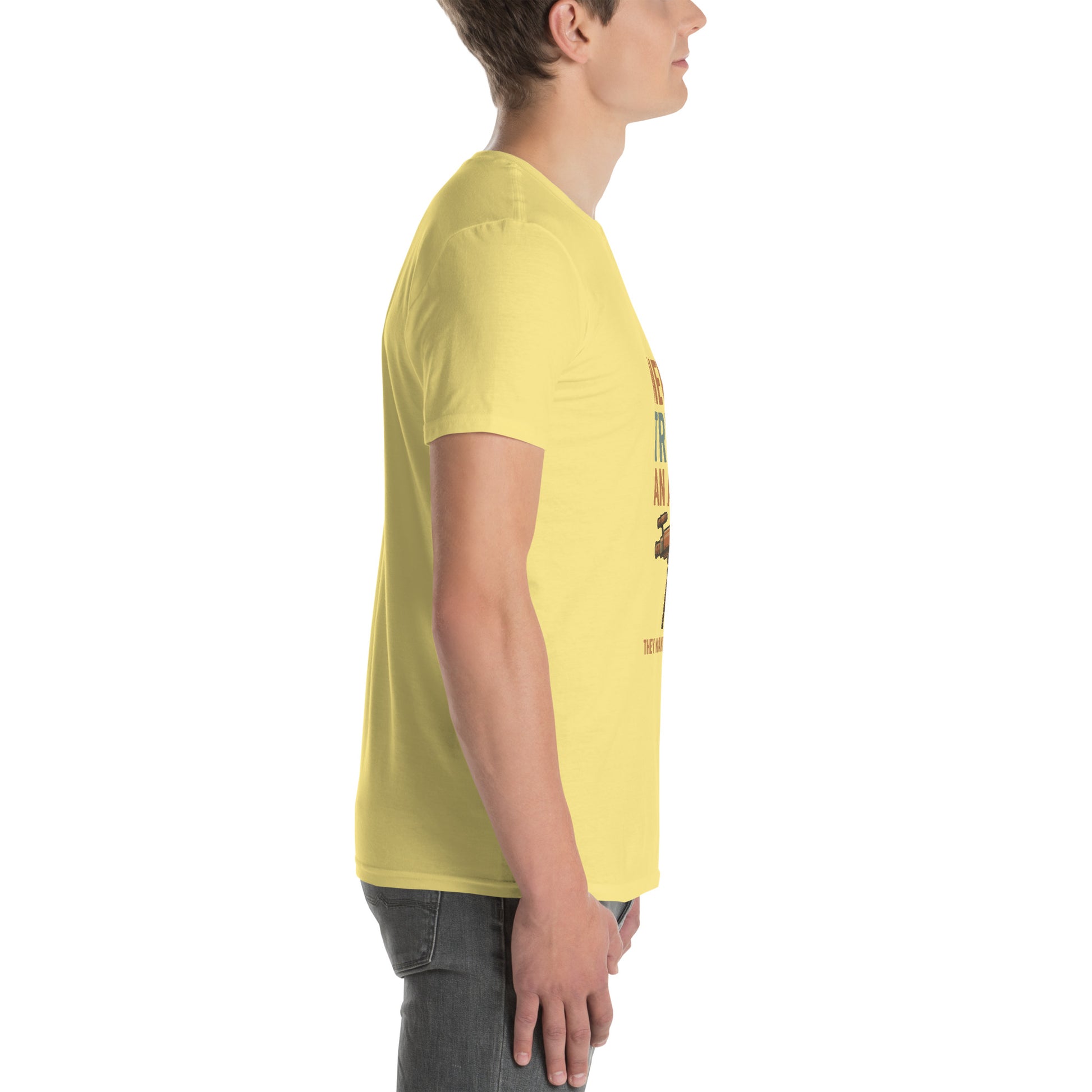 Never Trust An Atom - Science Joke - Short-Sleeve Unisex T-Shirt - Graphic Tee - Cornsilk - Right side