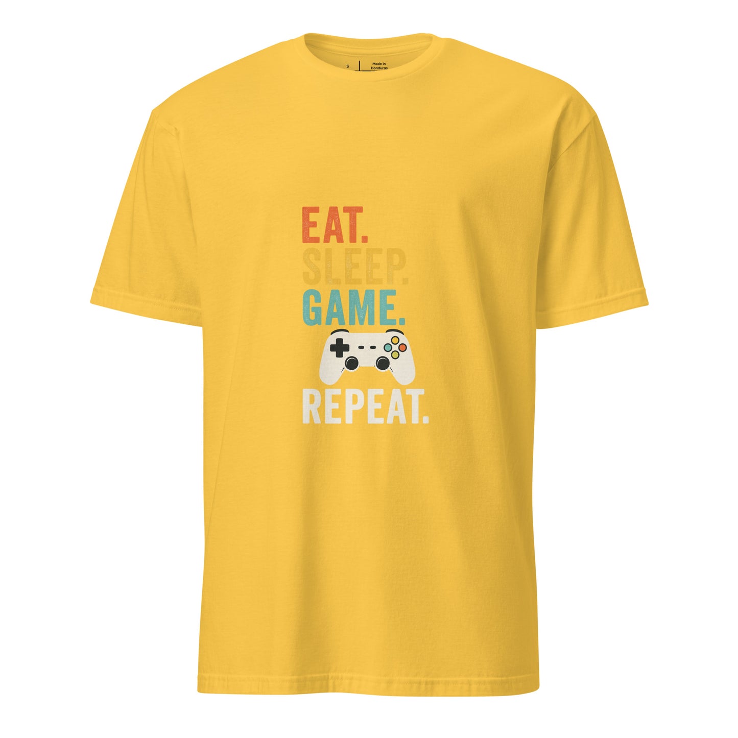 "Eat. Sleep. Game. Repeat." Retro Gamer - Short-Sleeve Unisex T-Shirt - Graphic Tee - Daisy - Front