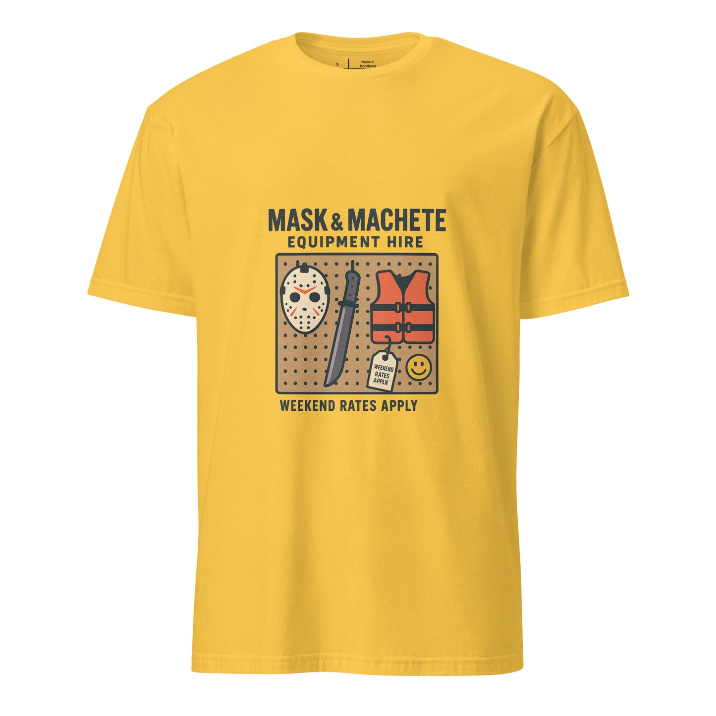 Mask & Machete Equipment Hire – For All Your Slasher Needs - Short-Sleeve Unisex T-Shirt - Graphic Tee - Daisy - Front