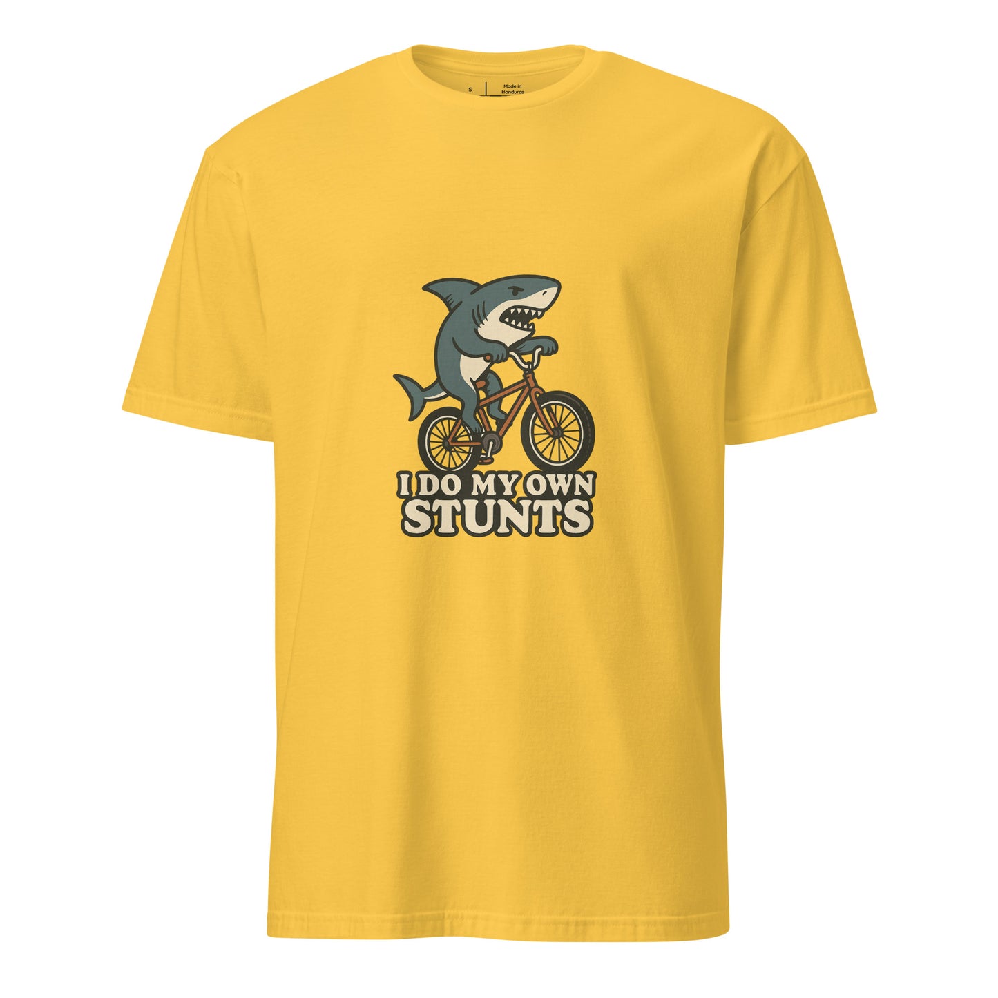 I Do My Own Stunts – Cartoon Shark BMX  - Short-Sleeve Unisex T-Shirt - Graphic Tee - Daisy - Front