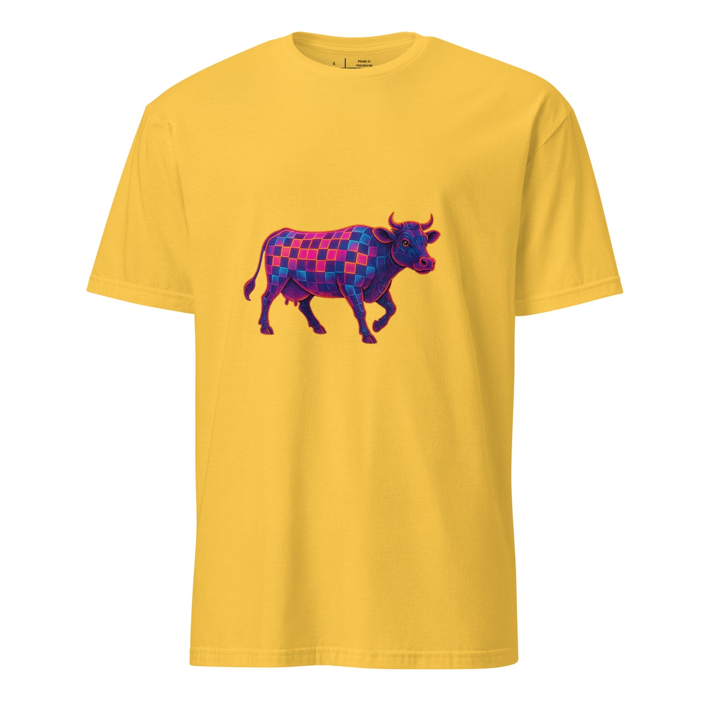 Cyber Cow – Futuristic Neon Bovine - Short-Sleeve Unisex T-Shirt - Graphic Tee - Daisy - Front