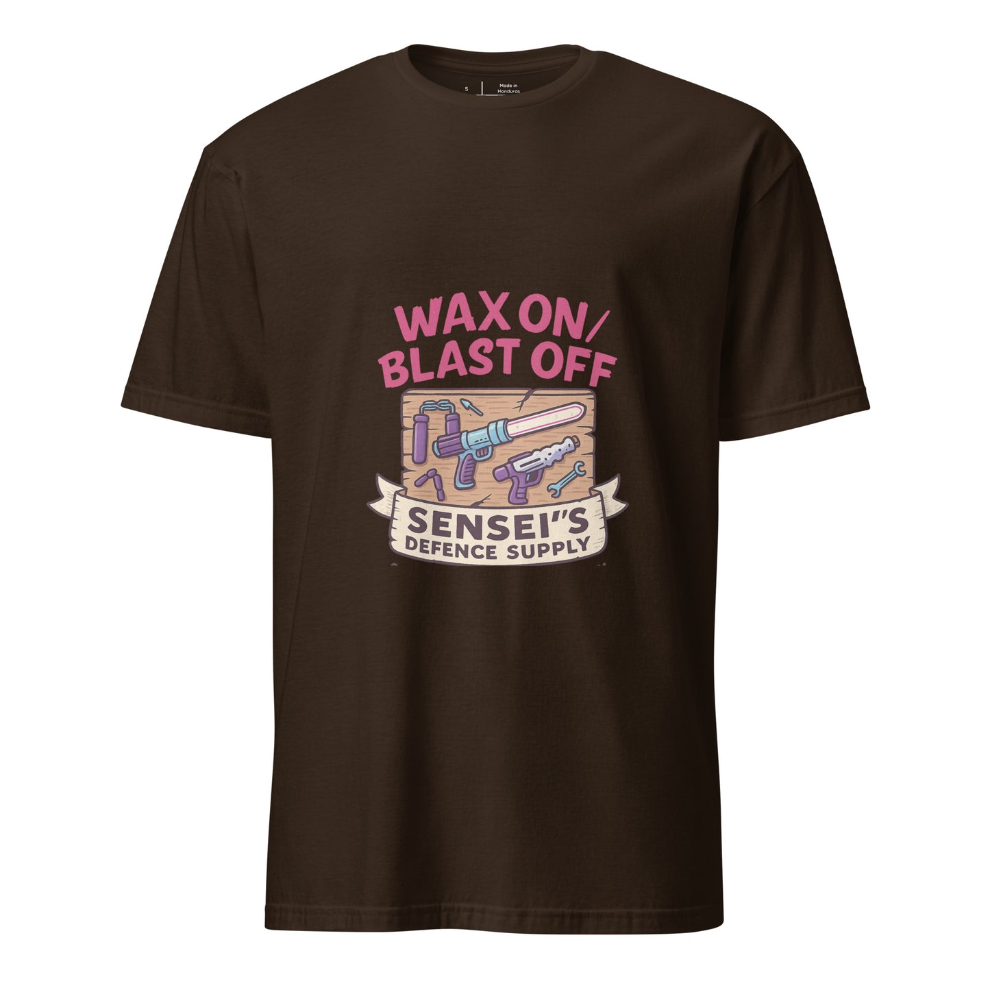 Wax On/Blast Off – Retro Karate Space - Short-Sleeve Unisex T-Shirt - Graphic Tee - Dark Chocolate - Front