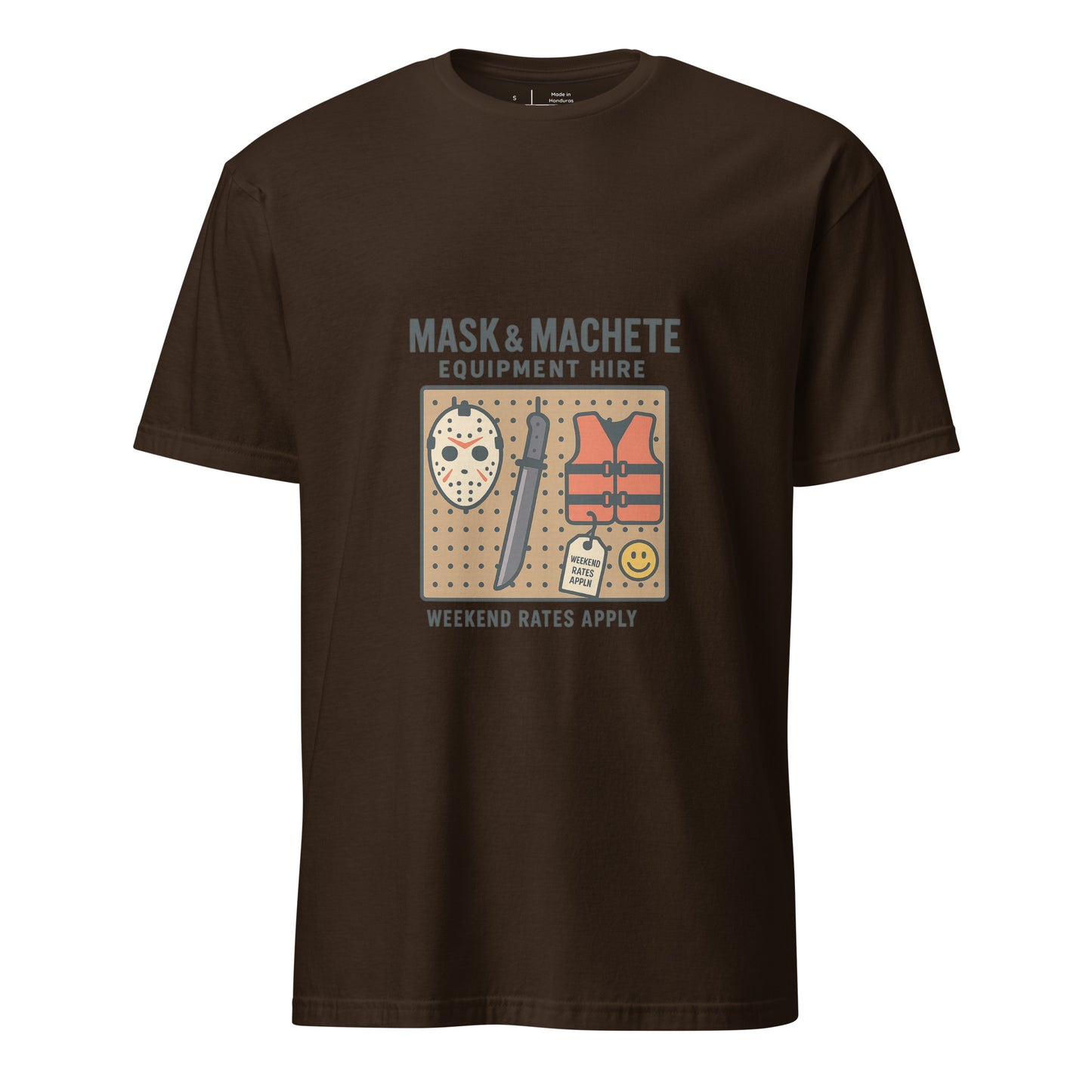 Mask & Machete Equipment Hire – For All Your Slasher Needs - Short-Sleeve Unisex T-Shirt - Graphic Tee - Dark Chocolate - Front