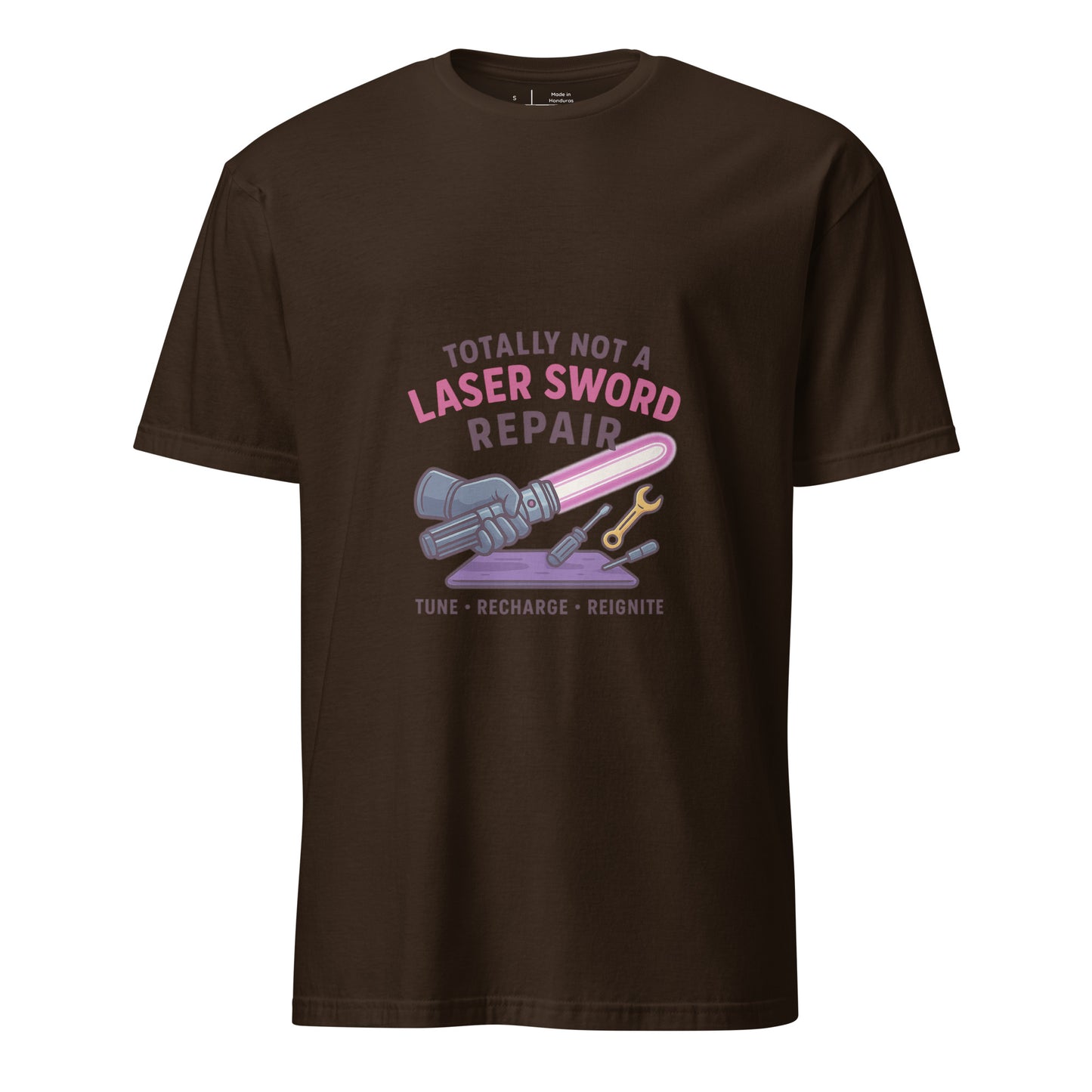 Totally Not A Laser Sword Repair – Galactic Fixes, Off The Books - Short-Sleeve Unisex T-Shirt - Graphic Tee - Dark Chocolate - Front