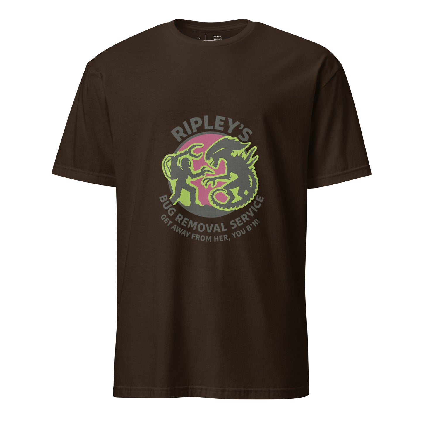 Ripley’s Bug Removal Service – Sci-Fi Parody - Short-Sleeve Unisex T-Shirt - Graphic Tee - Dark Chocolate - Front