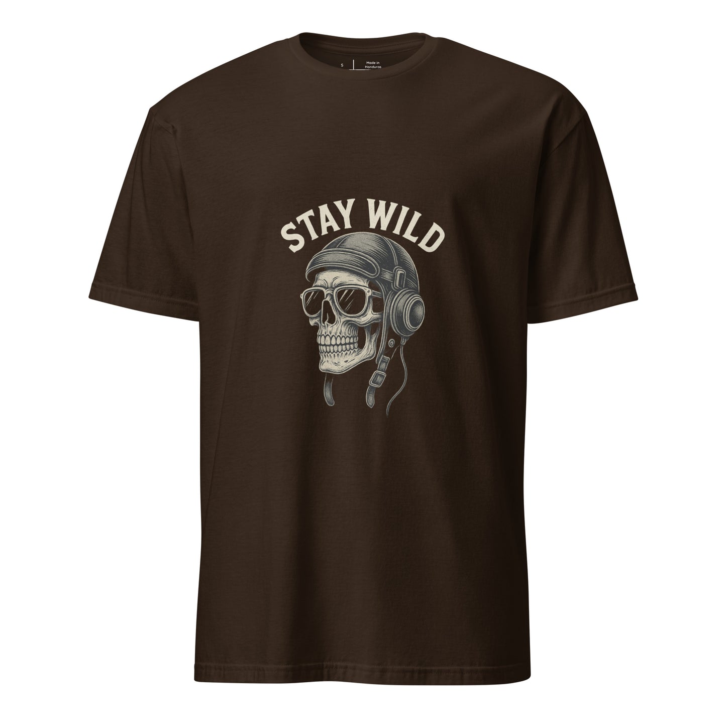 Stay Wild – Pilot Skull Edition - Retro -  Short-Sleeve Unisex T-Shirt - Graphic Tee - Dark Chocolate - Front