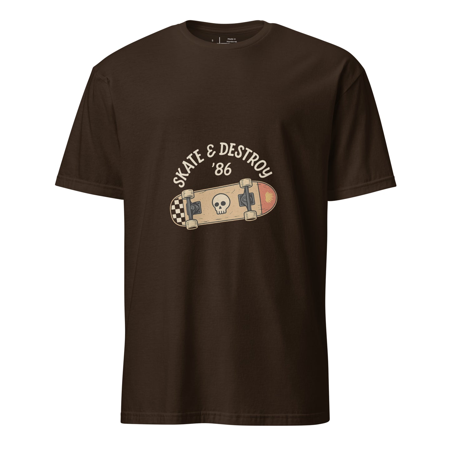 Skate And Destroy ’86 – Retro Skull Deck - Short-Sleeve Unisex T-Shirt - Graphic Tee - Dark Chocolate - Front
