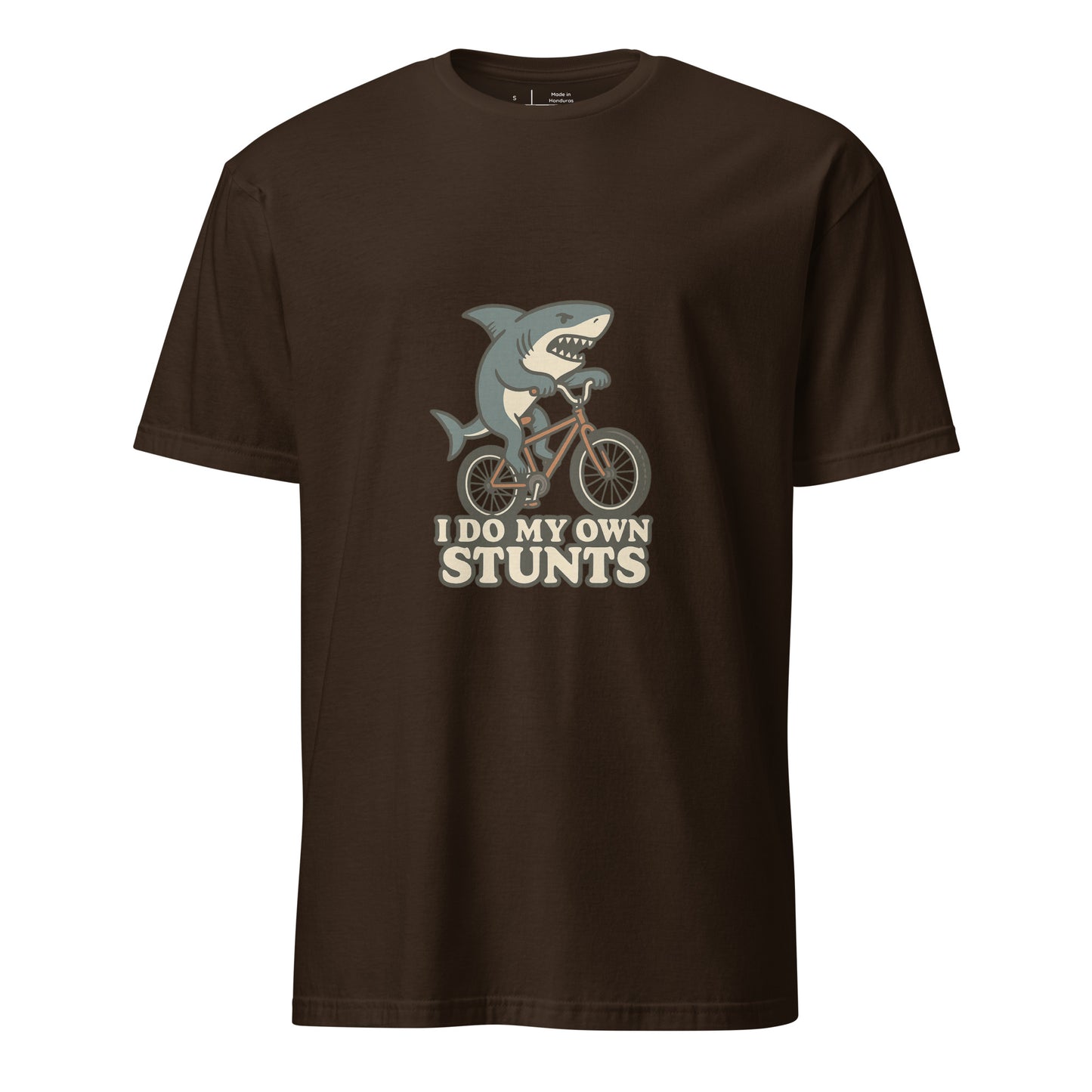 I Do My Own Stunts – Cartoon Shark BMX  - Short-Sleeve Unisex T-Shirt - Graphic Tee - Dark Chocolate - Front