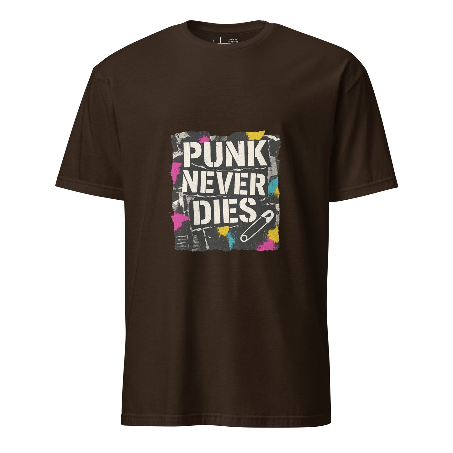 Punk Never Dies – Retro Punk Rock - Short-Sleeve Unisex T-Shirt - Graphic Tee - Dark Chocolate - Front