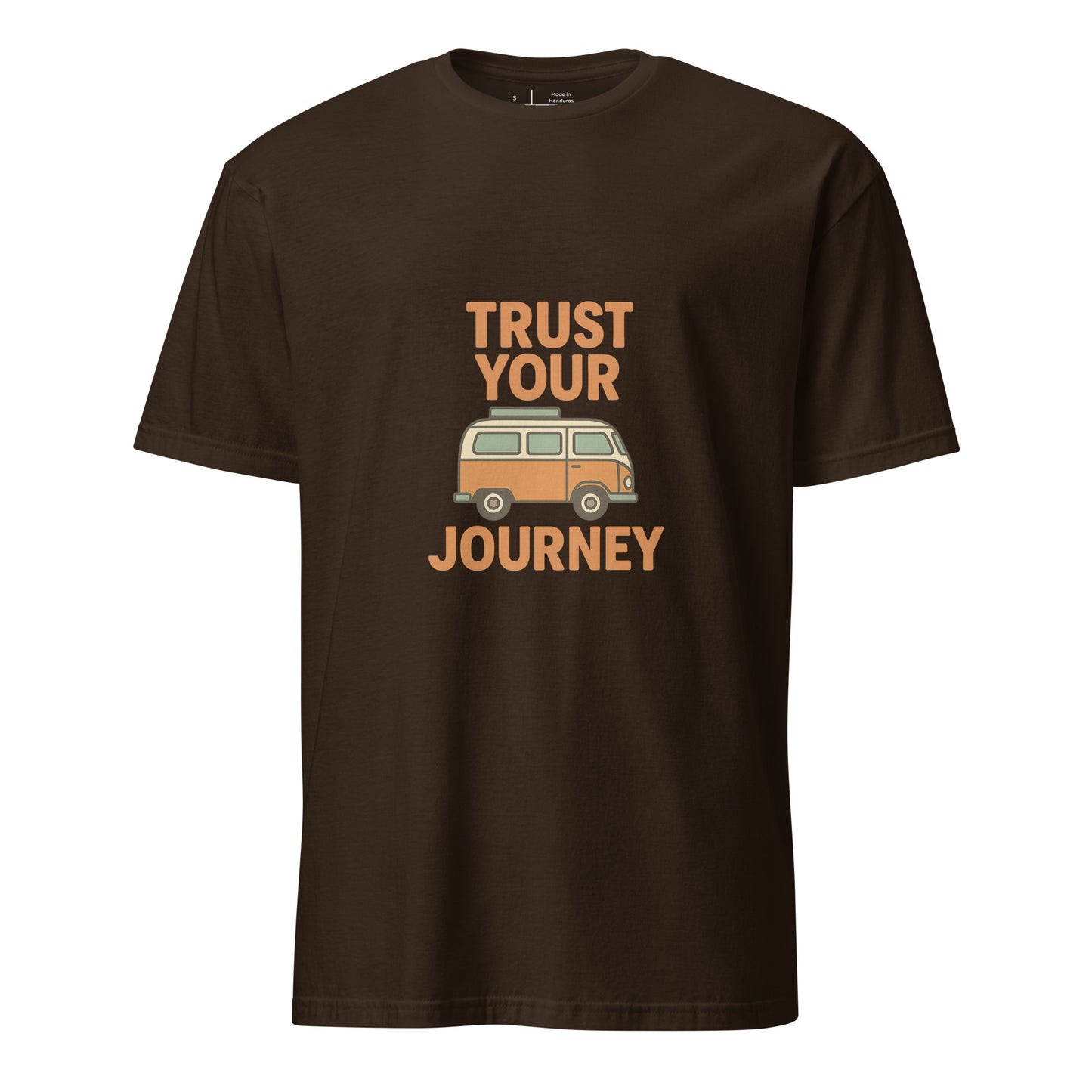 Trust Your Journey – Retro Camper Van - Short-Sleeve Unisex T-Shirt - Graphic Tee - Dark Chocolate - Front