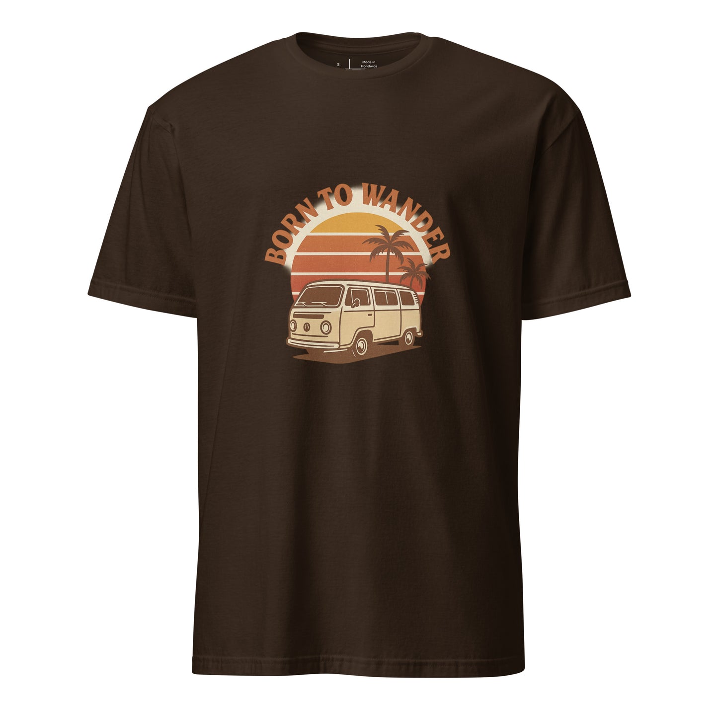 Born To Wander – Sunset Camper Edition - Short-Sleeve Unisex T-Shirt - Graphic Tee - Dark Chocolate - Front