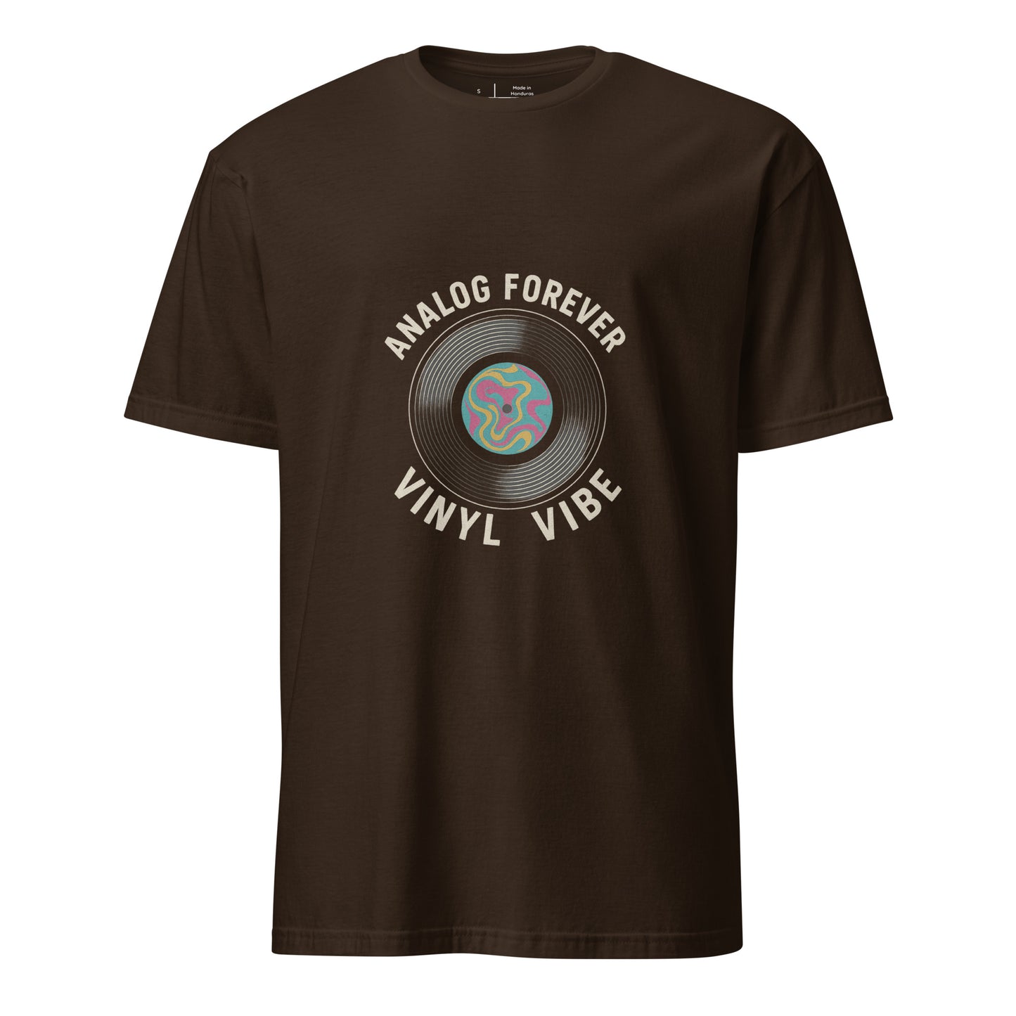 Analog Forever – Vinyl Vibe - Short-Sleeve Unisex T-Shirt - Graphic Tee -
Dark Chocolate - Front