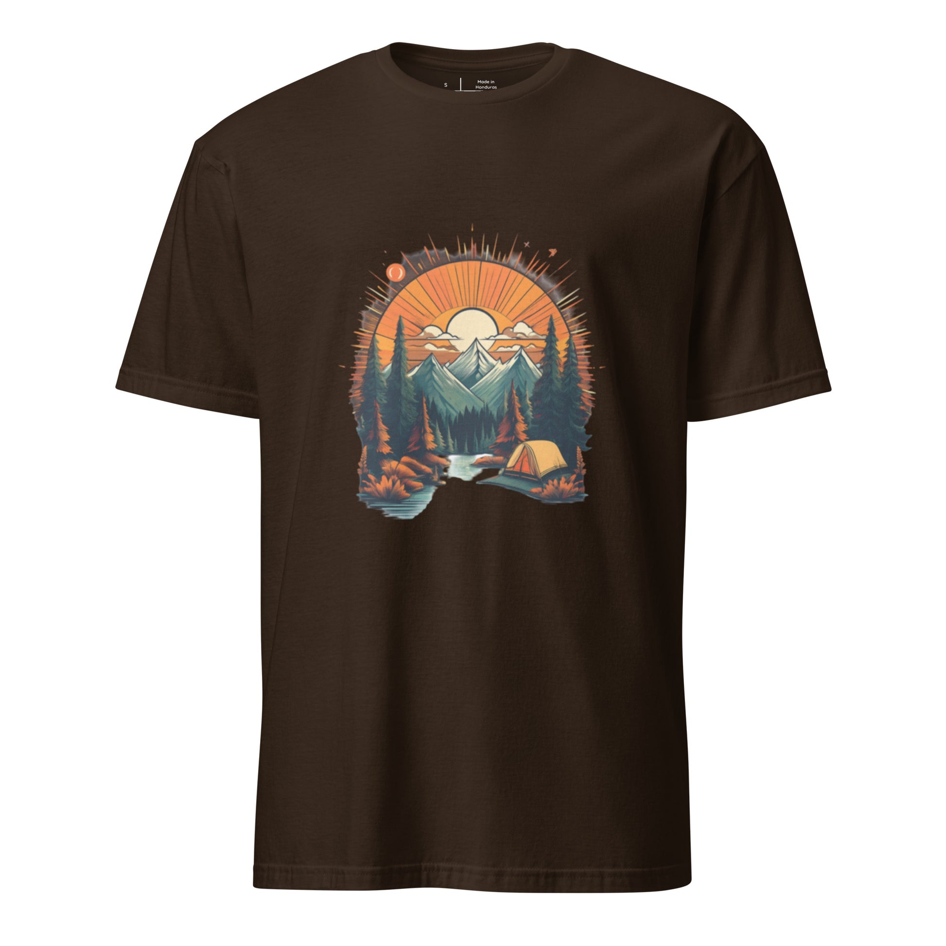 Golden Sunset Camping Escape – Adventure - Short-Sleeve Unisex T-Shirt - Graphic Tee - Dark Chocolate - Front 