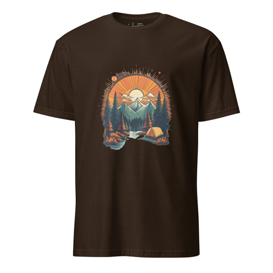 Golden Sunset Camping Escape – Adventure - Short-Sleeve Unisex T-Shirt - Graphic Tee - Dark Chocolate - Front 