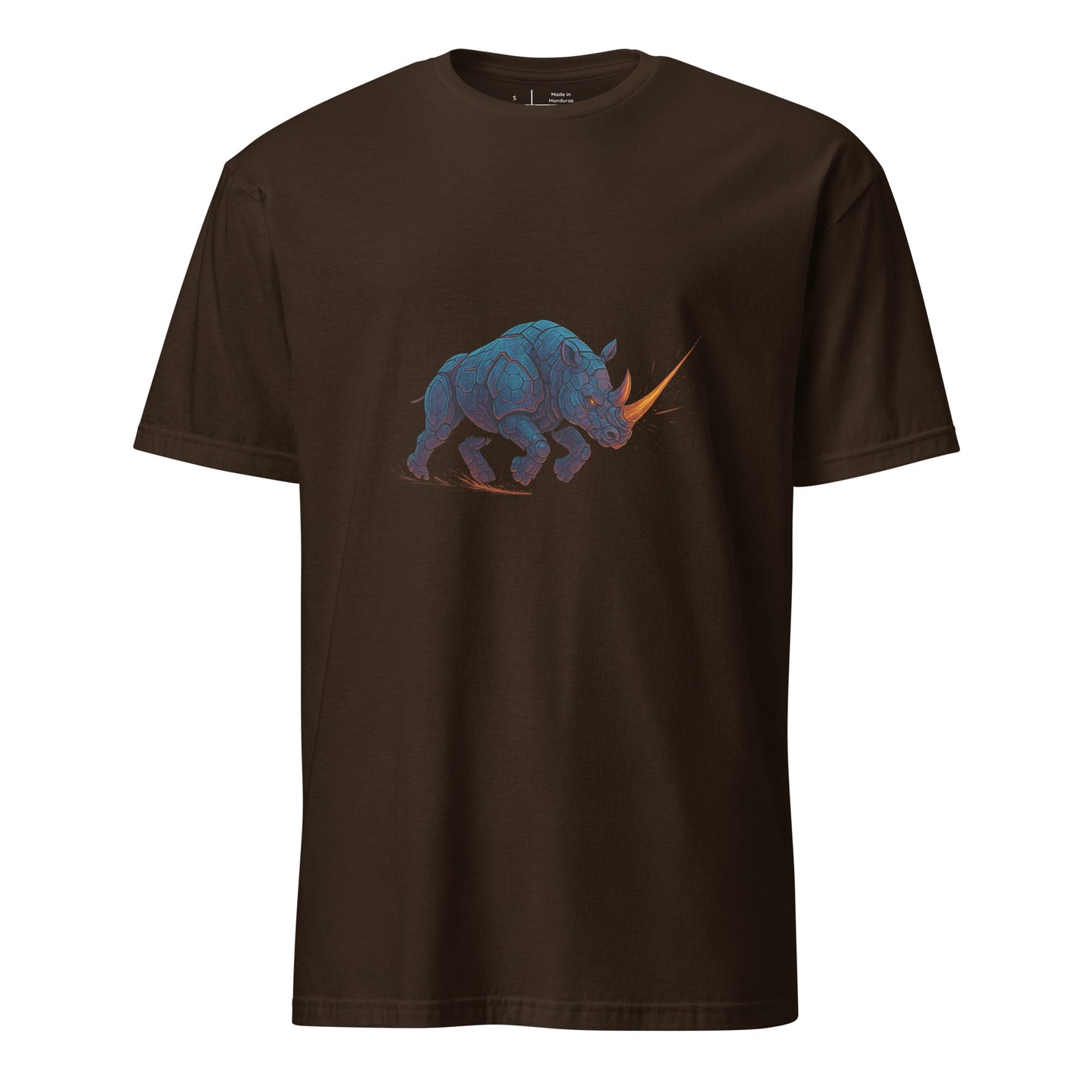 Cyber Rhino – Armored Power - Short-Sleeve Unisex T-Shirt - Graphic Tee - Dark Chocolate - Front
