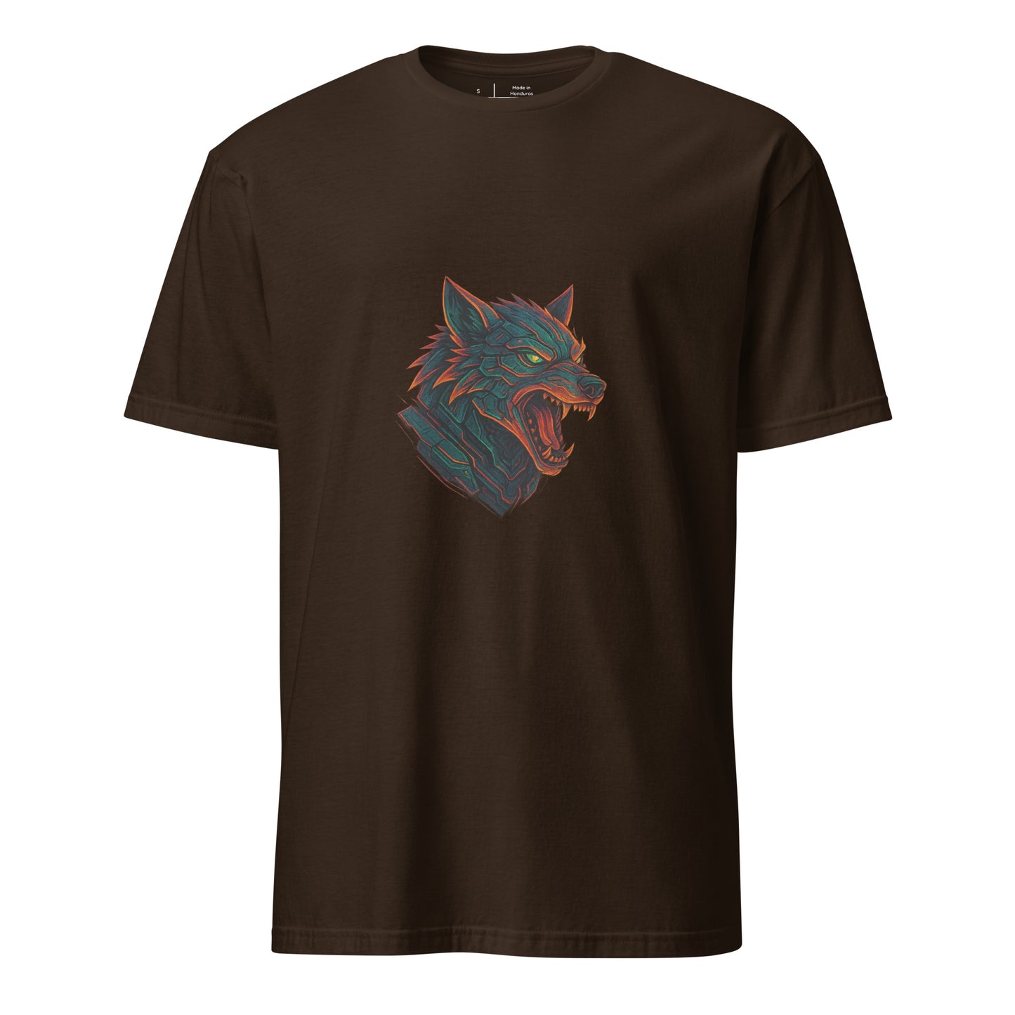 The Wolf Overdrive – Cyber Wolf Unleashed - Short-Sleeve Unisex T-Shirt - Graphic Tee - Dark Chocolate - Front