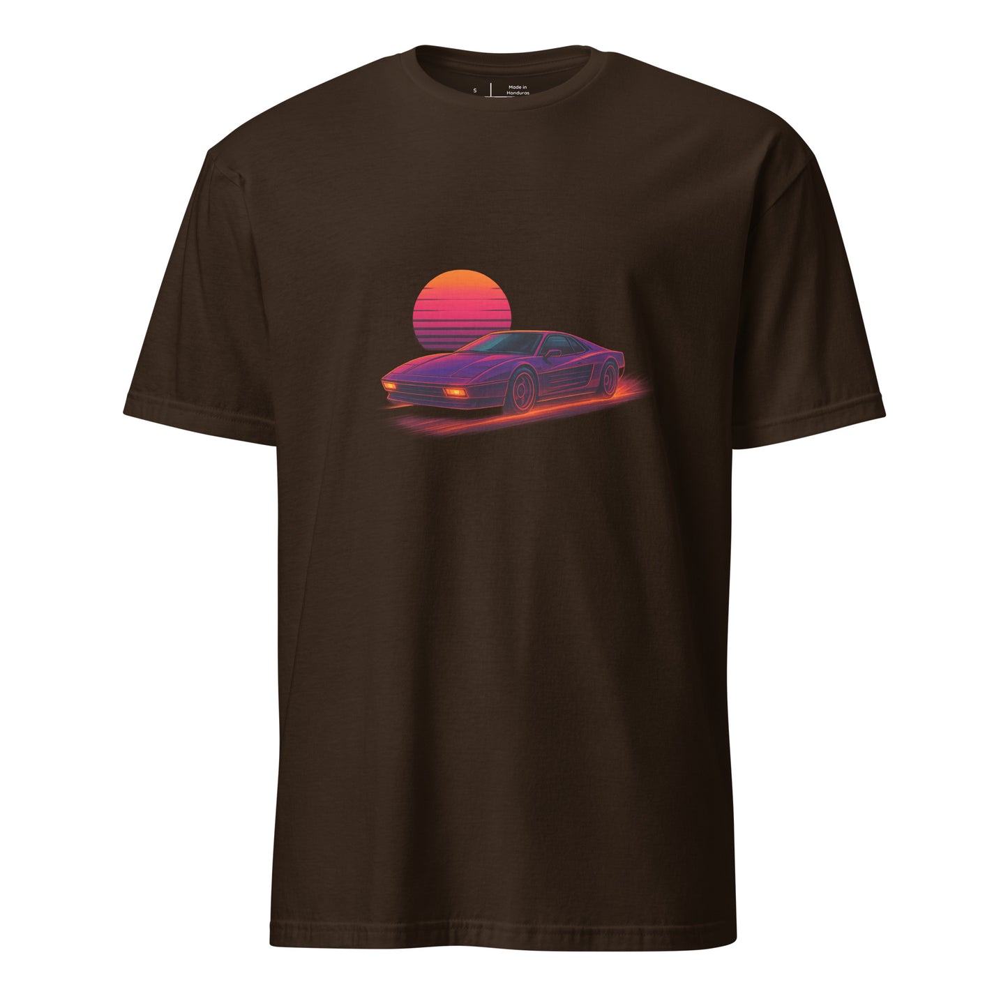 Synthwave Supercar – Race Into The Neon Future - Short-Sleeve Unisex T-Shirt - Graphic Tee - Dark Chocolate - Front