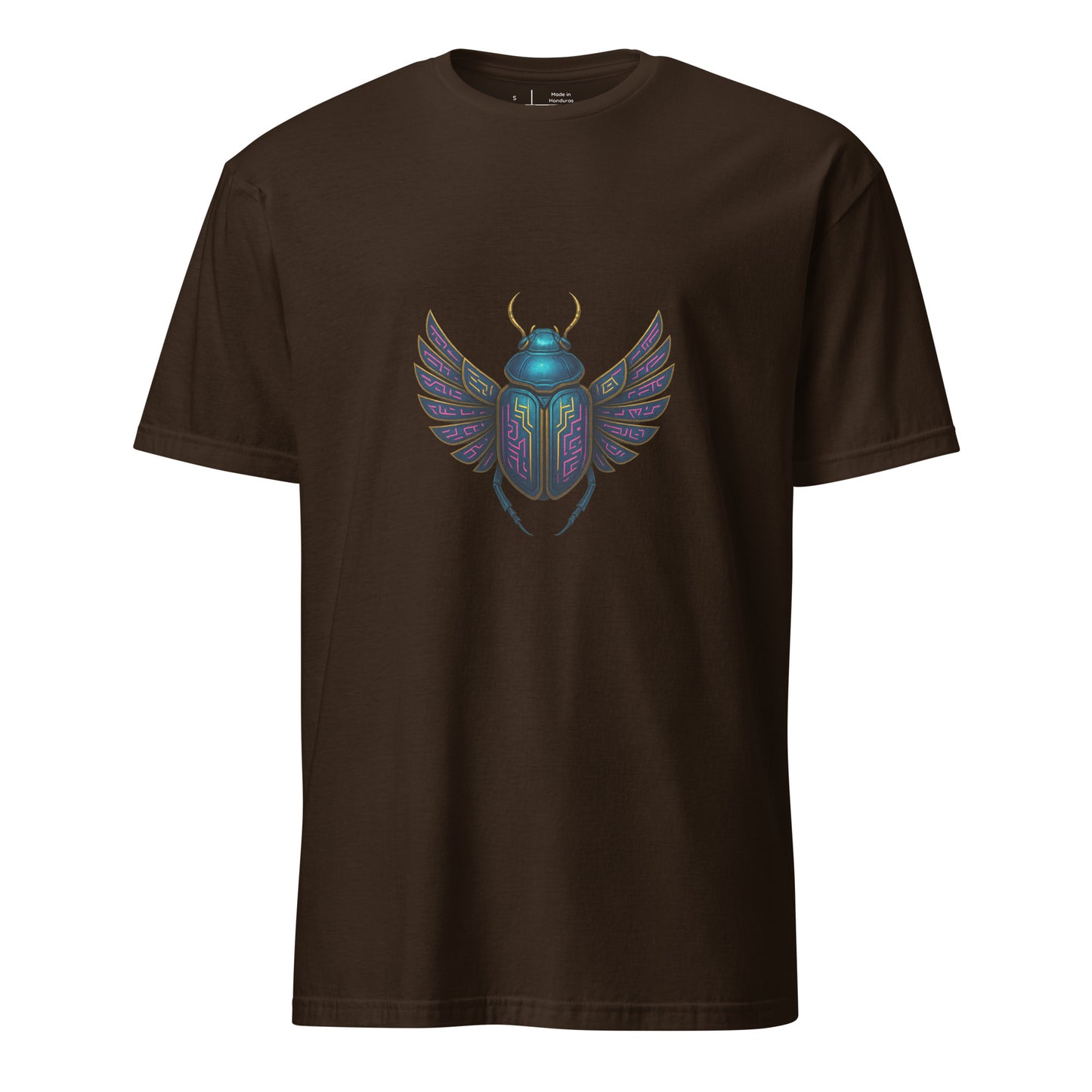 Mecha Scarab Beetle – Neon Tech Guardian - Short-Sleeve Unisex T-Shirt - Graphic Tee - Dark Chocolate - Front
