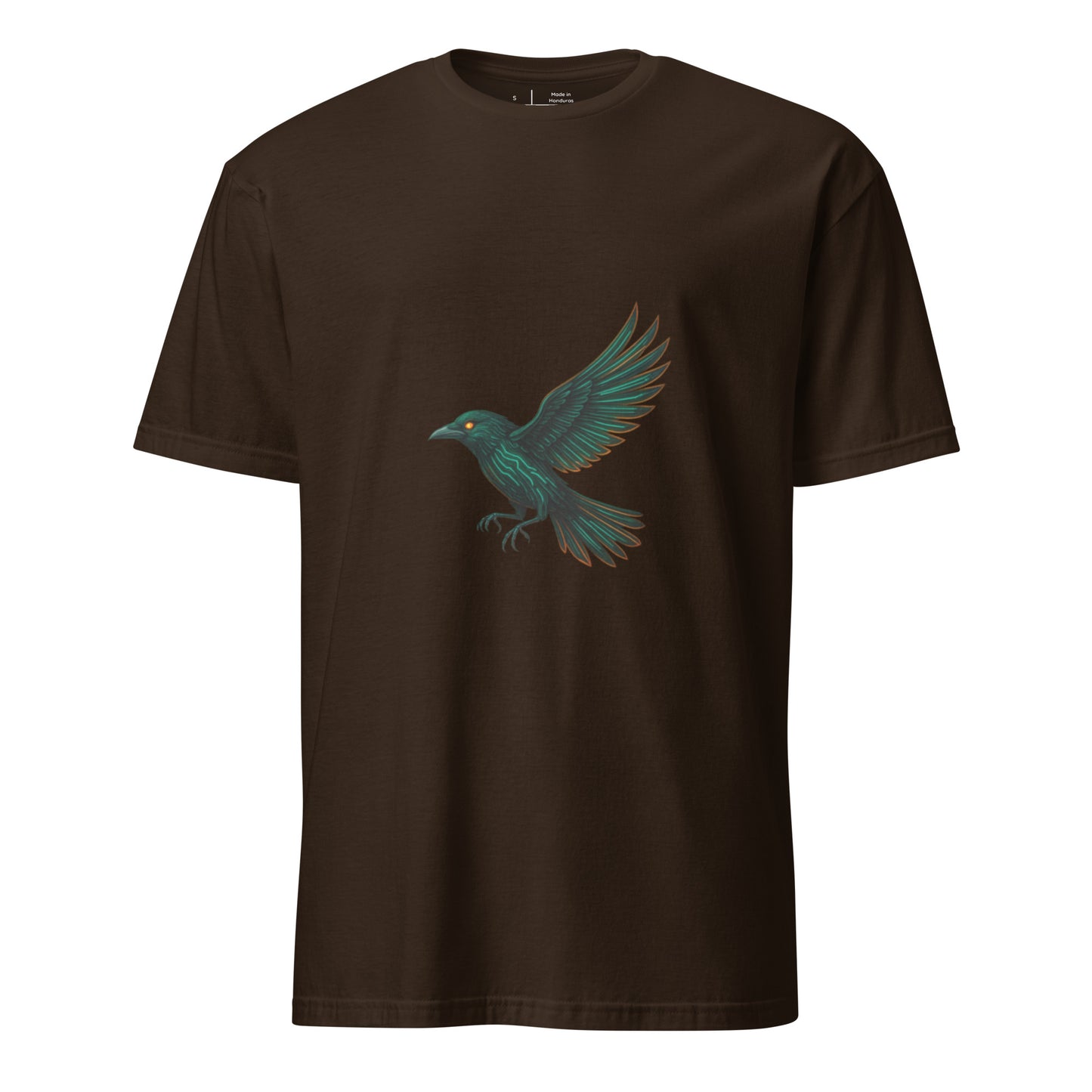 Cyberpunk Raven – Neon Flight - Short-Sleeve Unisex T-Shirt - Graphic Tee - Dark Chocolate - Front