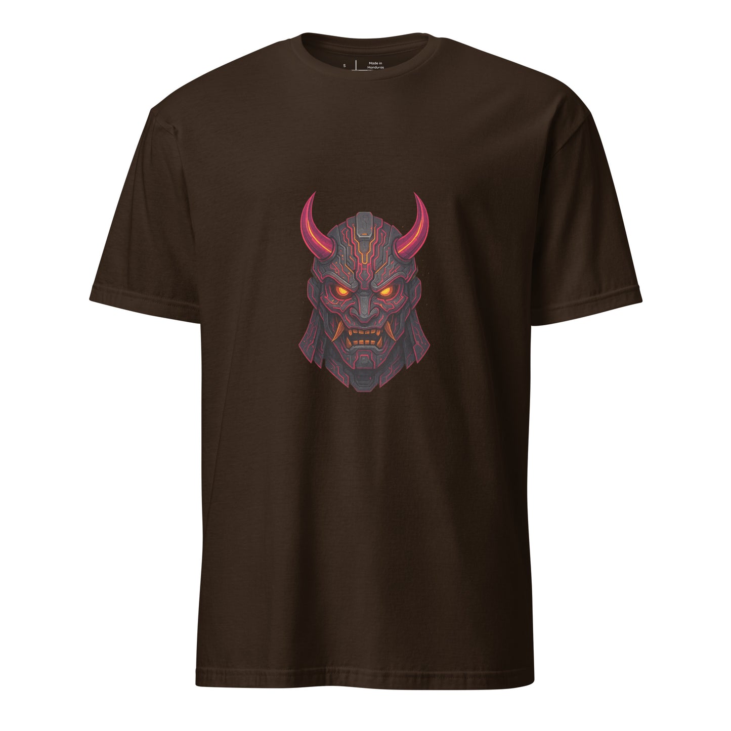 Galactic Samurai Mask – Cyber Oni - Short-Sleeve Unisex T-Shirt - Graphic Tee - Dark Chocolate - Front