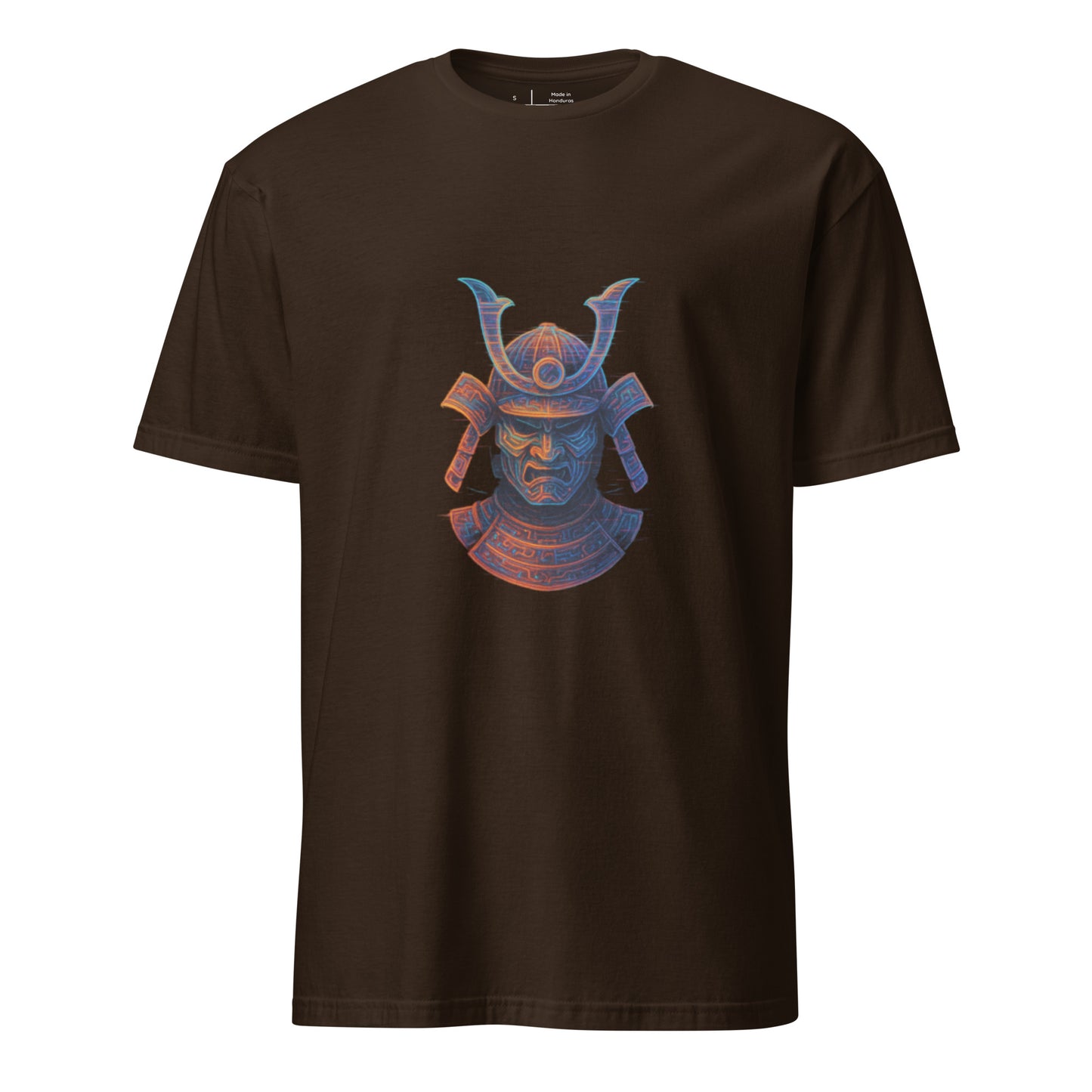 Holographic Samurai Helmet – Neon Warrior - Short-Sleeve Unisex T-Shirt - Graphic Tee - Dark Chocolate - Front