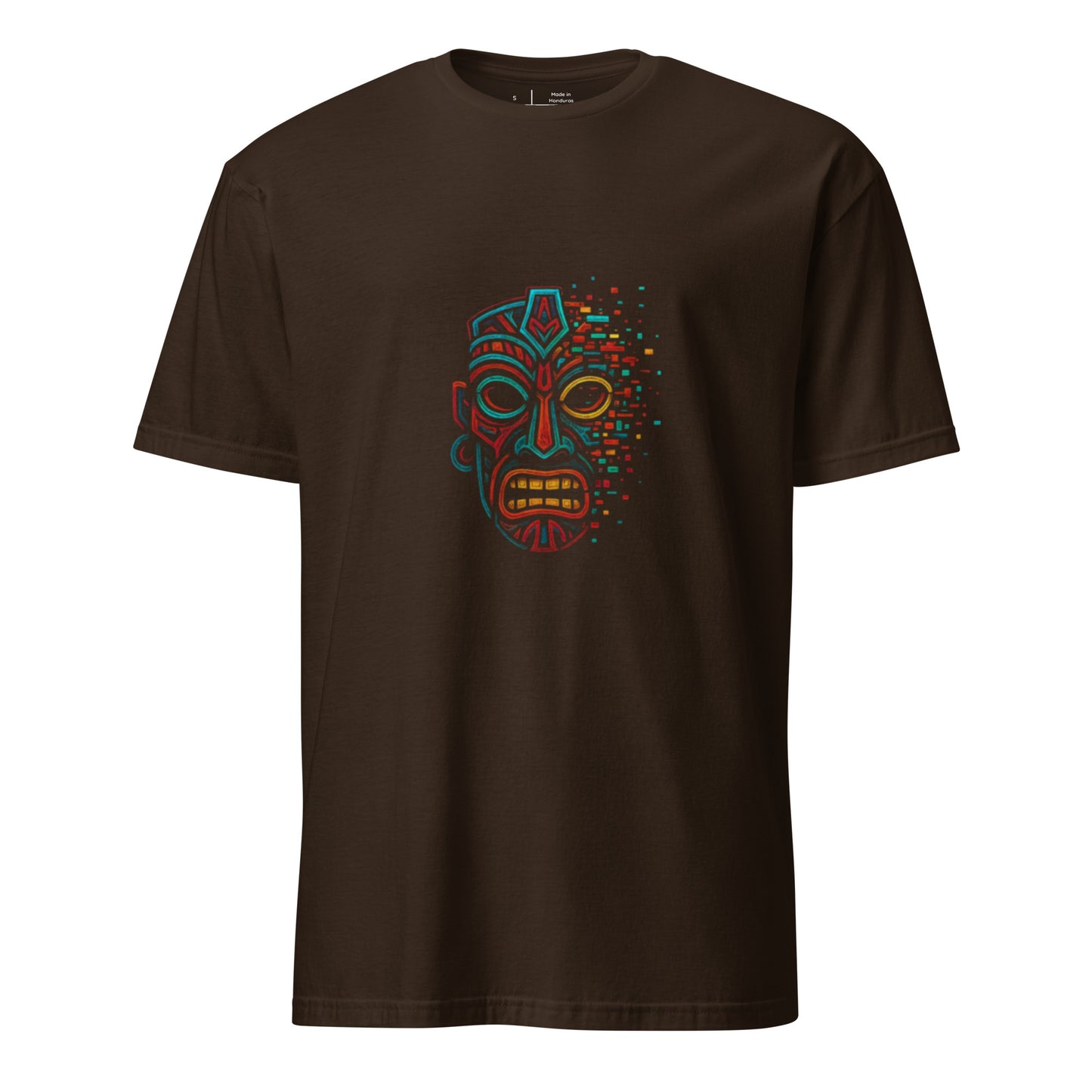 Glitch Totem Mask – Tribal Cyberpunk - Short-Sleeve Unisex T-Shirt - Graphic Tee - Dark Chocolate - Front