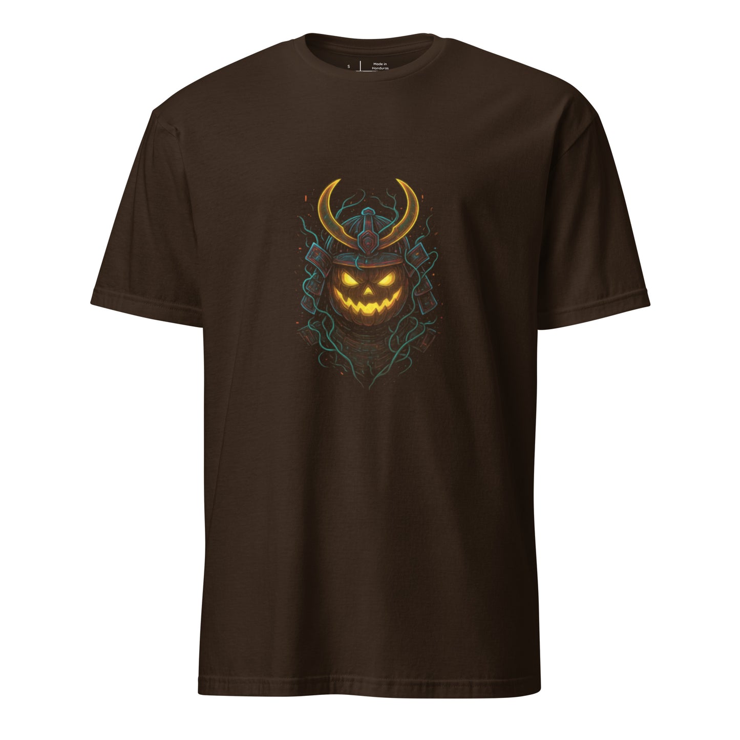 Neon Pumpkin Samurai – Cyber Halloween Glow - Short-Sleeve Unisex T-Shirt - Graphic Tee - Dark Chocolate - Front