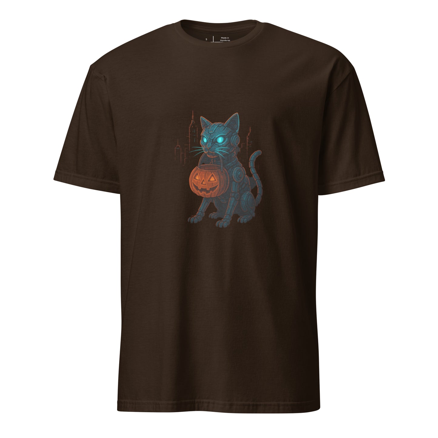 Trick-or-Treat Cyborg Cat – Cyberpunk Halloween Glow - Short-Sleeve Unisex T-Shirt - Graphic Tee - Dark Chocolate - Front