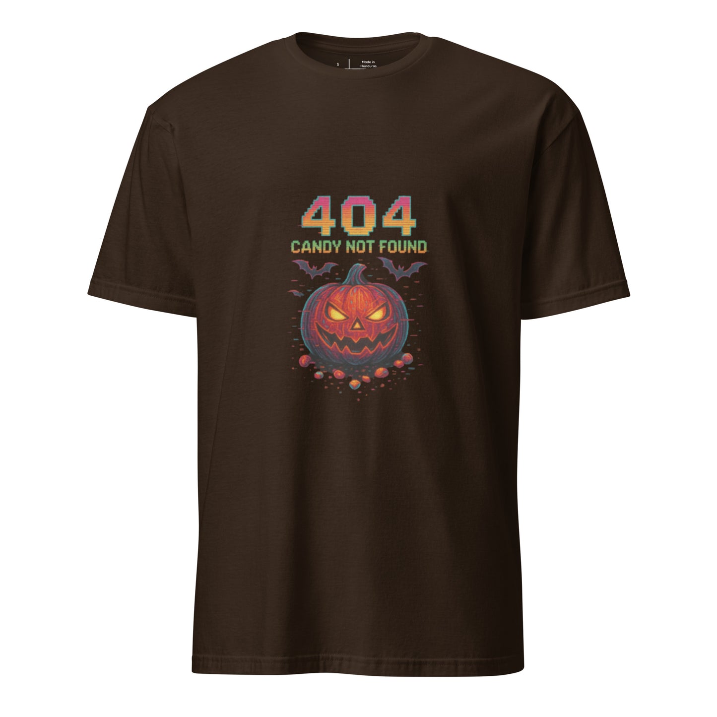 404 Candy Not Found – Cyberpunk Pumpkin Glitch - Short-Sleeve Unisex T-Shirt - Graphic Tee - Dark Chocolate - Front
