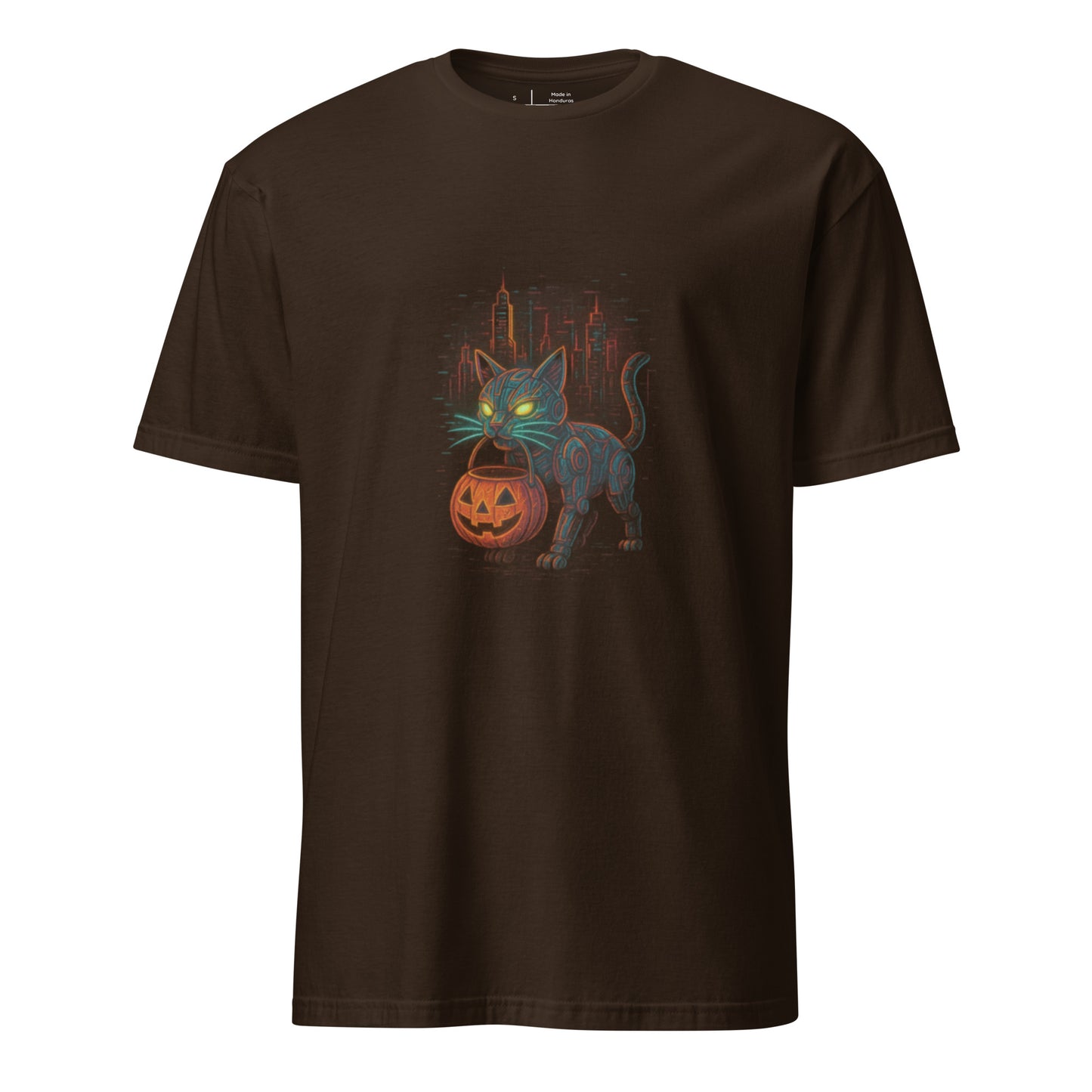 Trick-or-Treat Cyborg Cat – Cyberpunk Halloween - Short-Sleeve Unisex T-Shirt - Graphic Tee - Dark Chocolate - Front