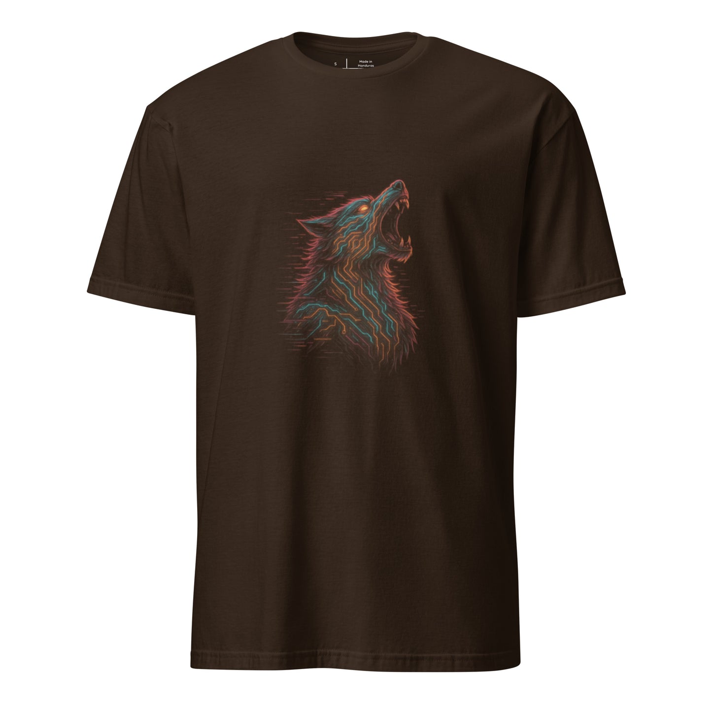 Cyberpunk Werewolf Howl – Neon Horror Tech - Short-Sleeve Unisex T-Shirt - Graphic Tee - Dark Chocolate - Front