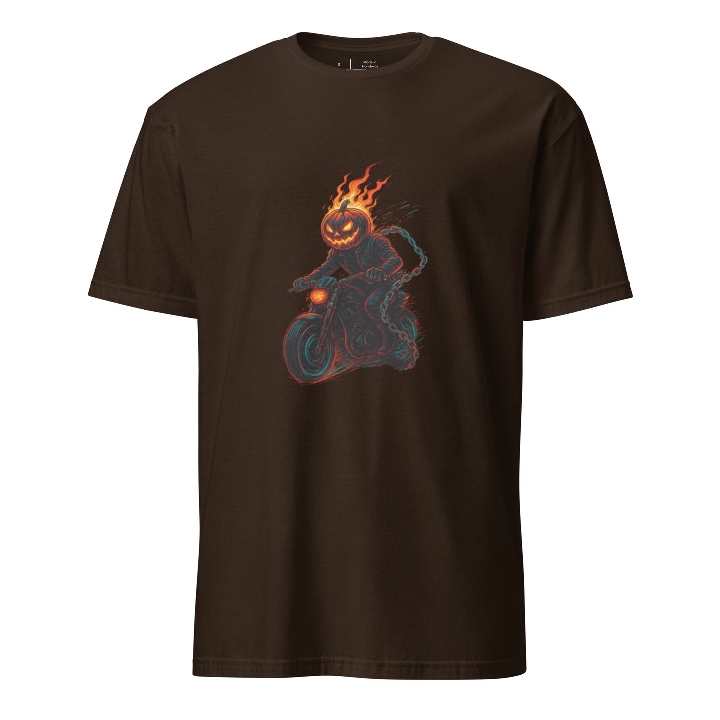 Cyber Pumpkin Rider – Futuristic Neon Halloween - Short-Sleeve Unisex T-Shirt - Graphic Tee - Dark Chocolate - Front