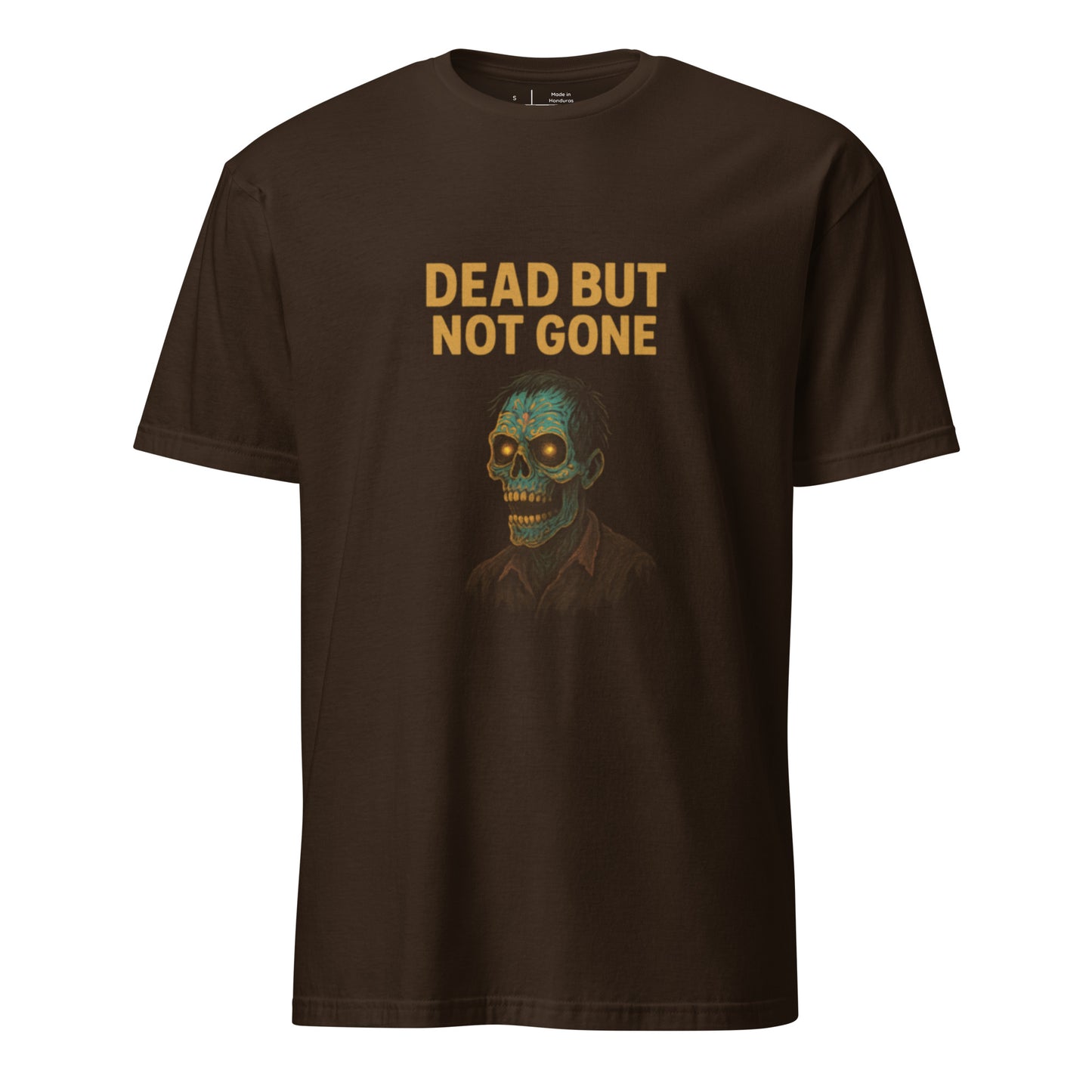 Dead But Not Gone – Neon Zombie Resurrection - Short-Sleeve Unisex T-Shirt - Graphic Tee - Dark Chocolate - Front