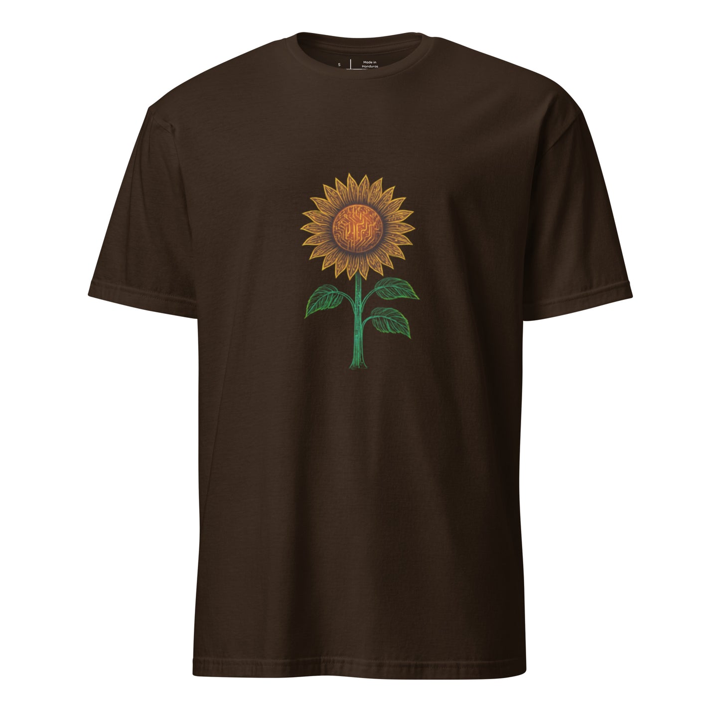 Circuitry Sunflower – Neon Tech Bloom - Short-Sleeve Unisex T-Shirt - Graphic Tee - Dark Chocolate - Front