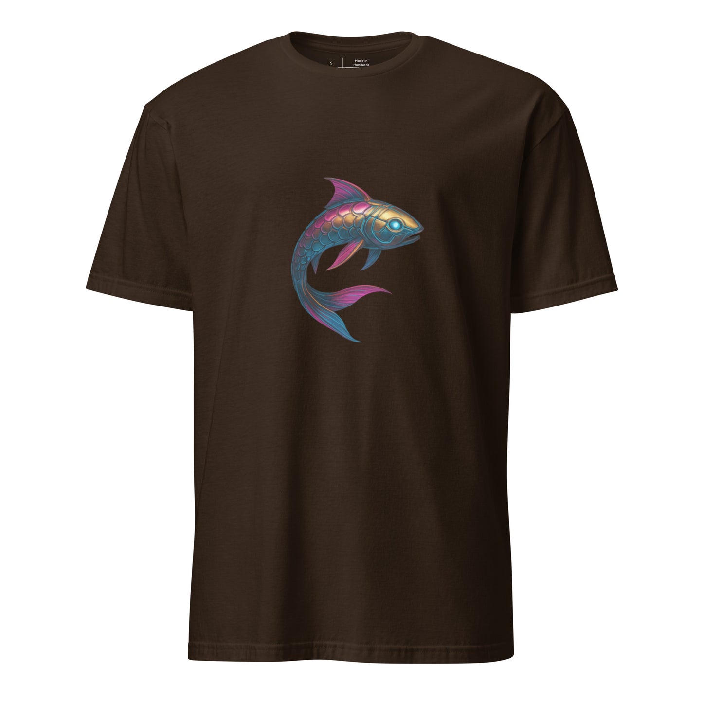 Cyber Koi – Serenity Meets Circuitry - Short-Sleeve Unisex T-Shirt - Graphic Tee - Dark Chocolate - Front