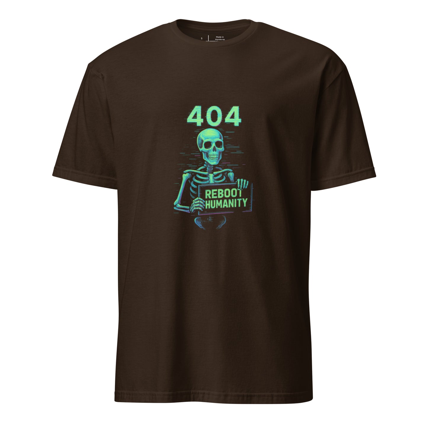 Product mockup 404: Costume Not Found – Glitched Skeleton - Short-Sleeve Unisex T-Shirt - Graphic Tee - Dark Chocolate - Front