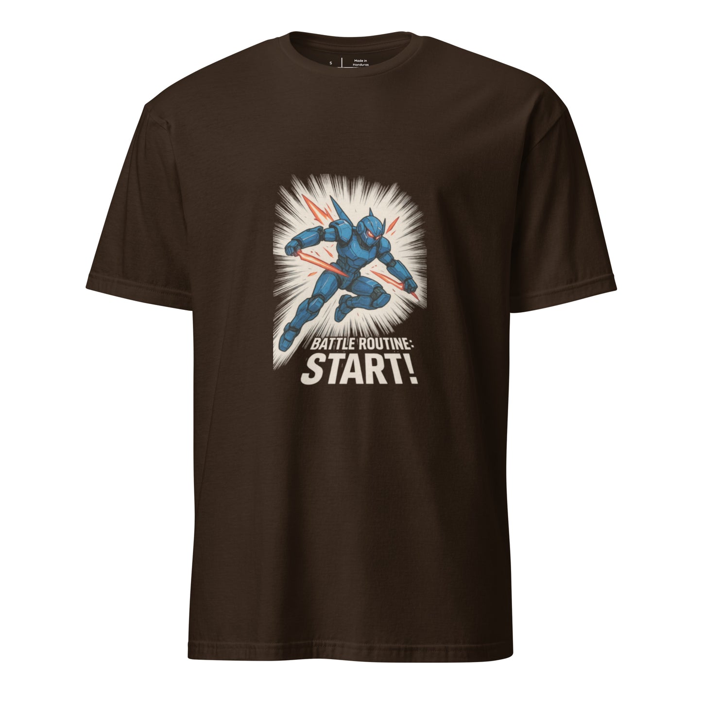 Battle Routine: Start! – Manga Mecha - Short-Sleeve Unisex T-Shirt - Graphic Tee - Dark Chocolate - Front