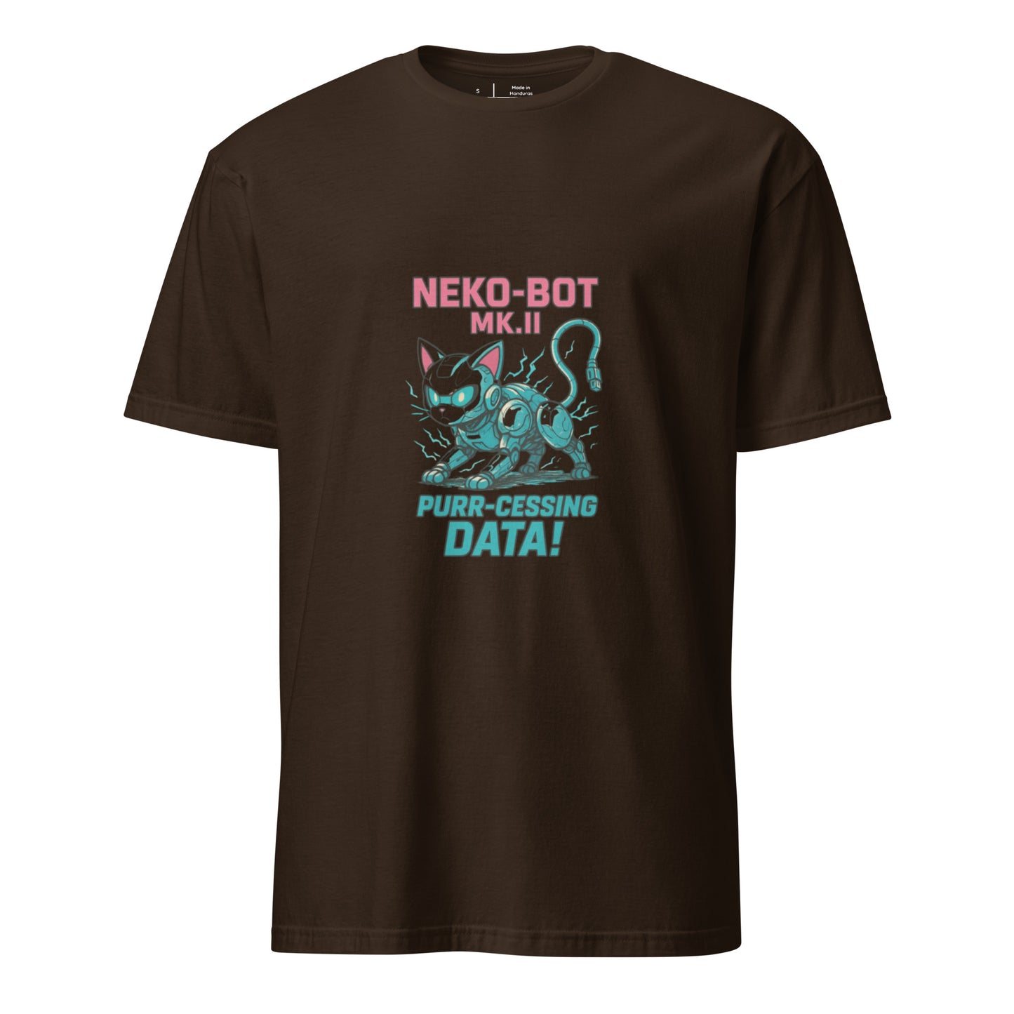 Neko-Bot Mk. II – “Purr-cessing Data…” - Short-Sleeve Unisex T-Shirt - Graphic Tee - Dark Chocolate - Front