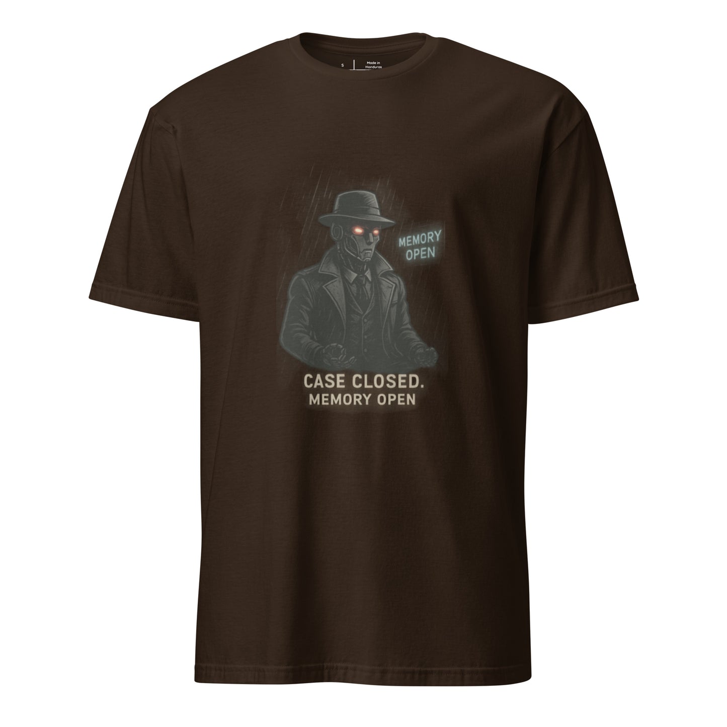 Mecha Noir – Cyberpunk Detective - Short-Sleeve Unisex T-Shirt - Graphic Tee - Dark
Chocolate - Front