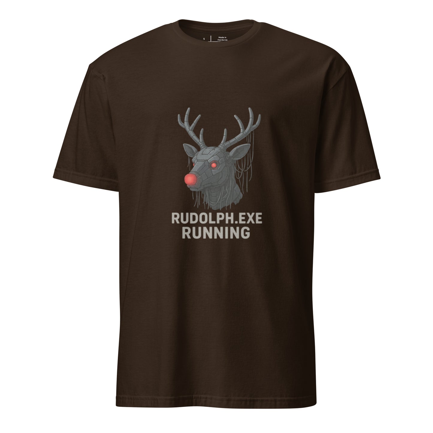 Rudolph.exe - Robotic Reindeer - Short-Sleeve Unisex T-Shirt - Graphic Tee - Dark Chocolate - Front