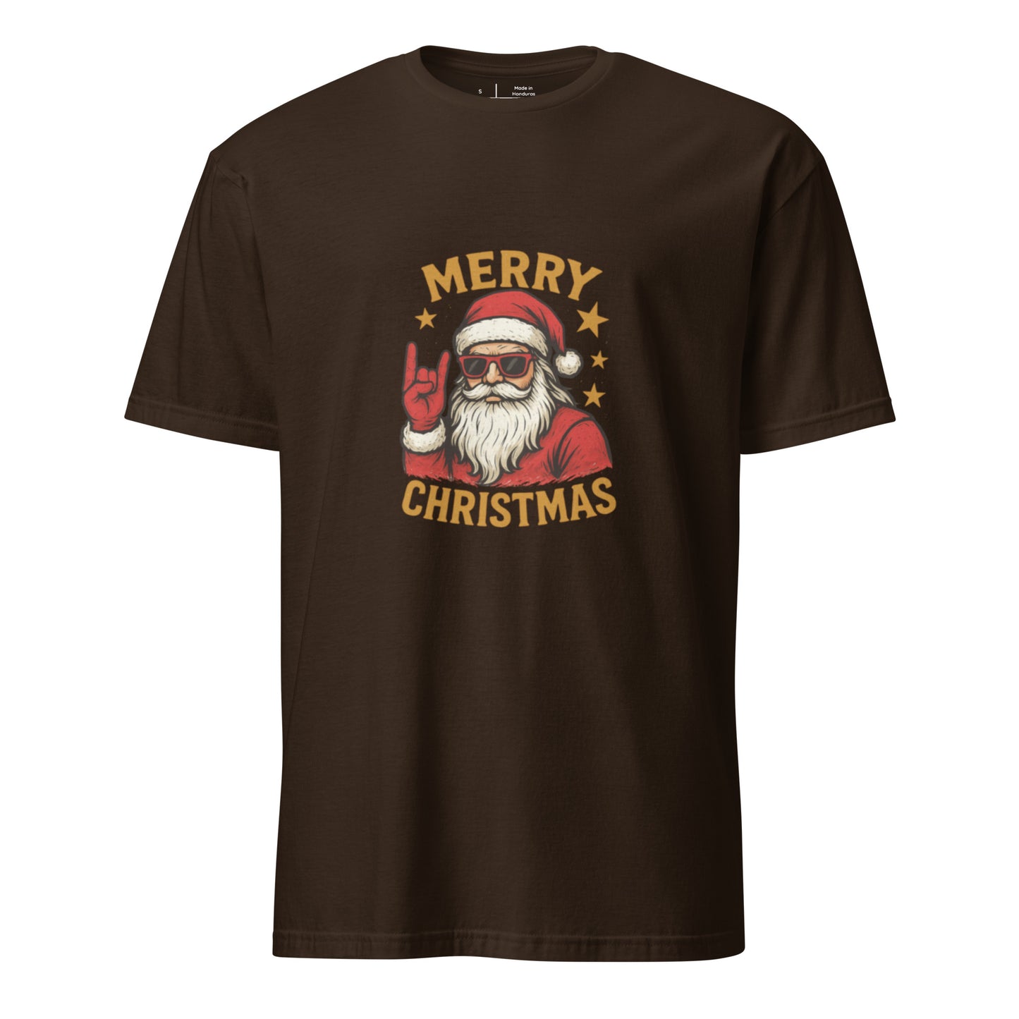 Merry Christmas - Rockstar Santa - Short-Sleeve Unisex T-Shirt Graphic Tee - Dark Chocolate - Front