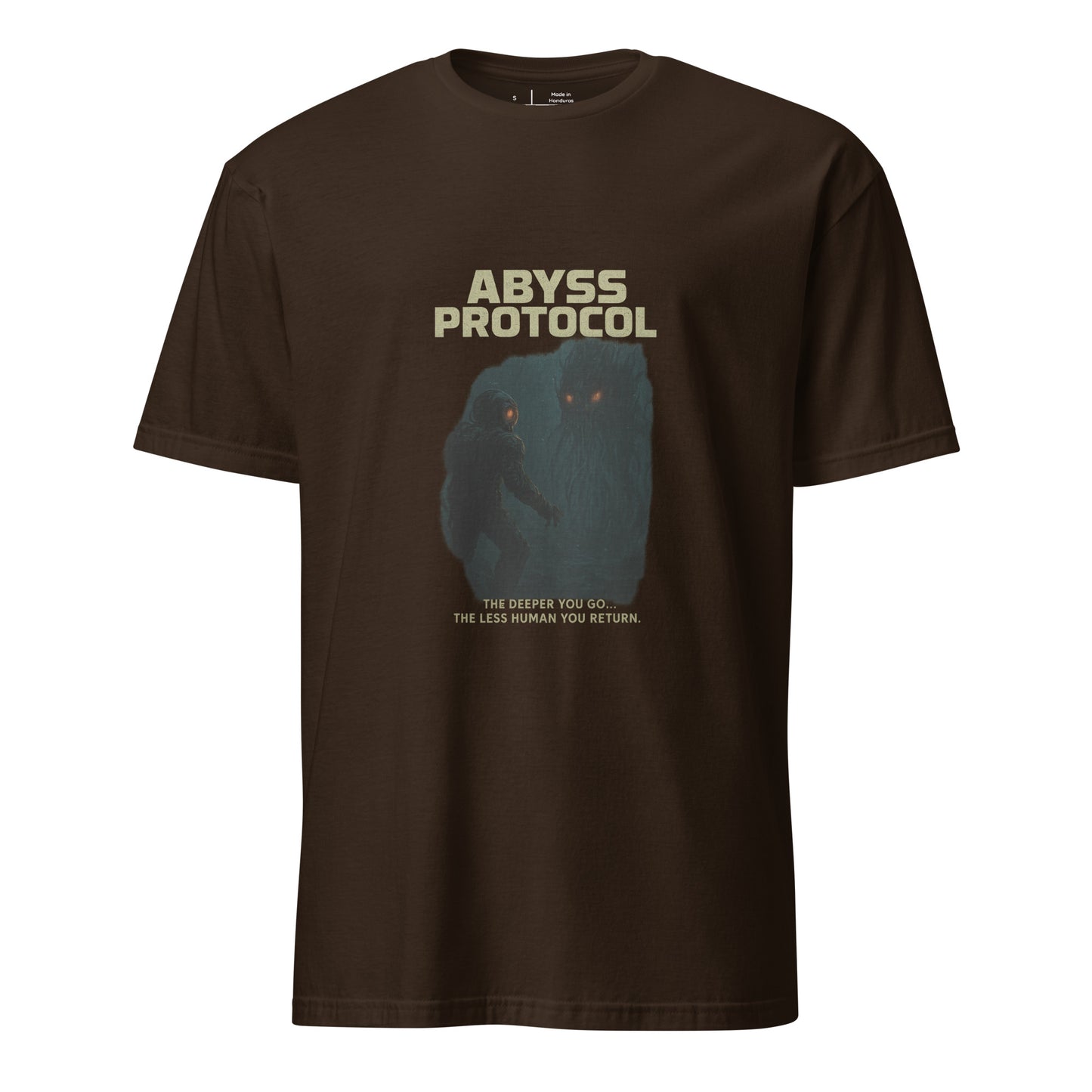 Abyss Protocol - Dark Confrontation - Short-Sleeve Unisex T-Shirt - Graphic Tee - Dark Chocolate - Front