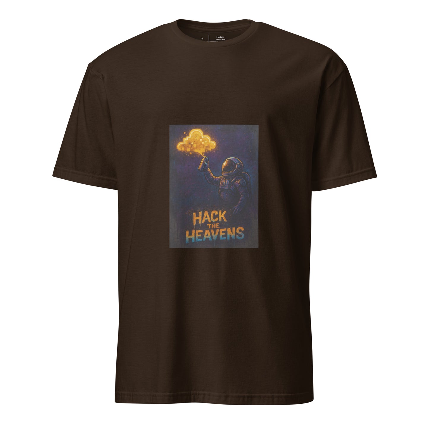 Hack the Heavens - Cosmic Tag - Short-Sleeve Unisex T-Shirt - Graphic Tee - Dark Chocolate - Front